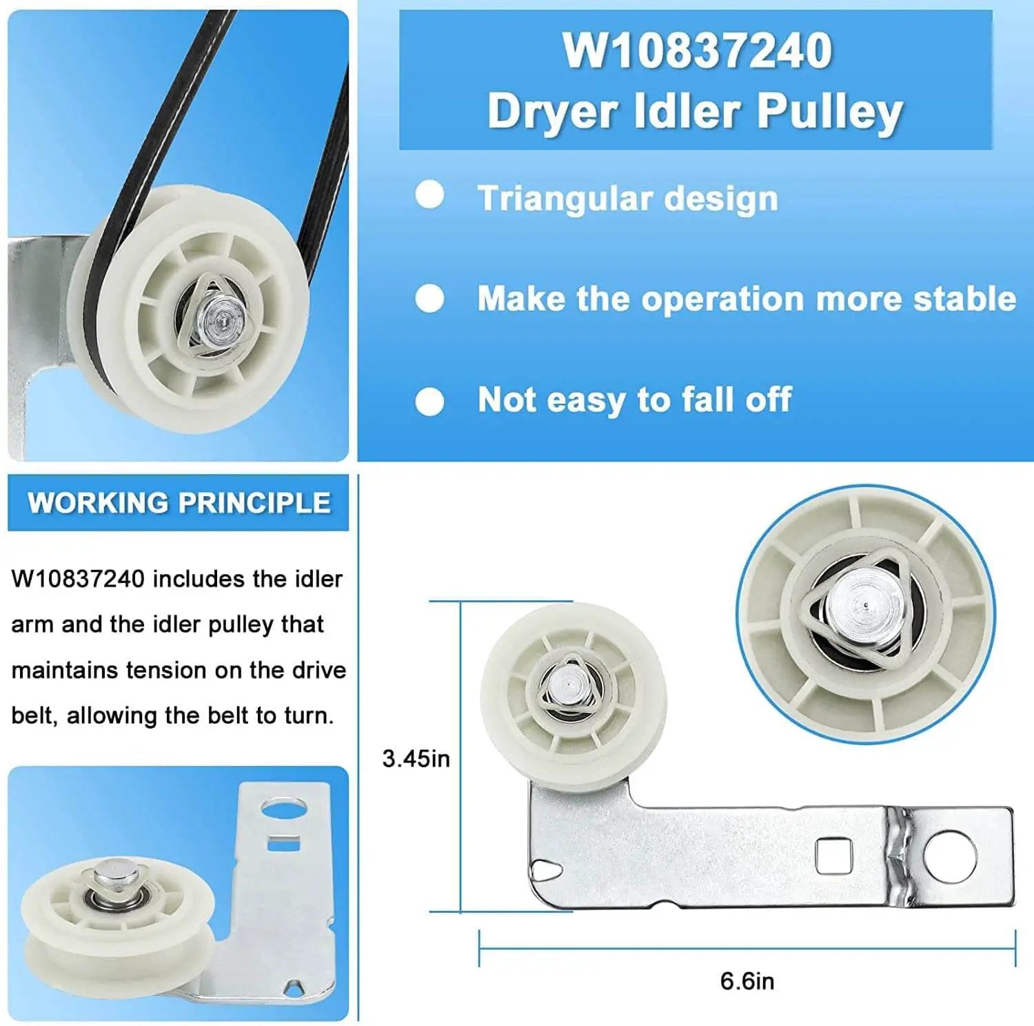 W10837240 dryer idler pulley from Upgraded 4392067 Dryer Repair Kit, showing design and dimensions for Whirlpool models.