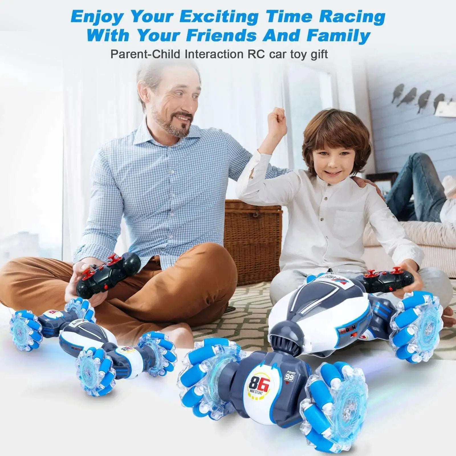 Father and son playing with Gesture Sensing RC Stunt Car For Kids And Teens, 360 Degree Spin, Off Road Drifting, 4WD Remote Car With Lit Lights And Music