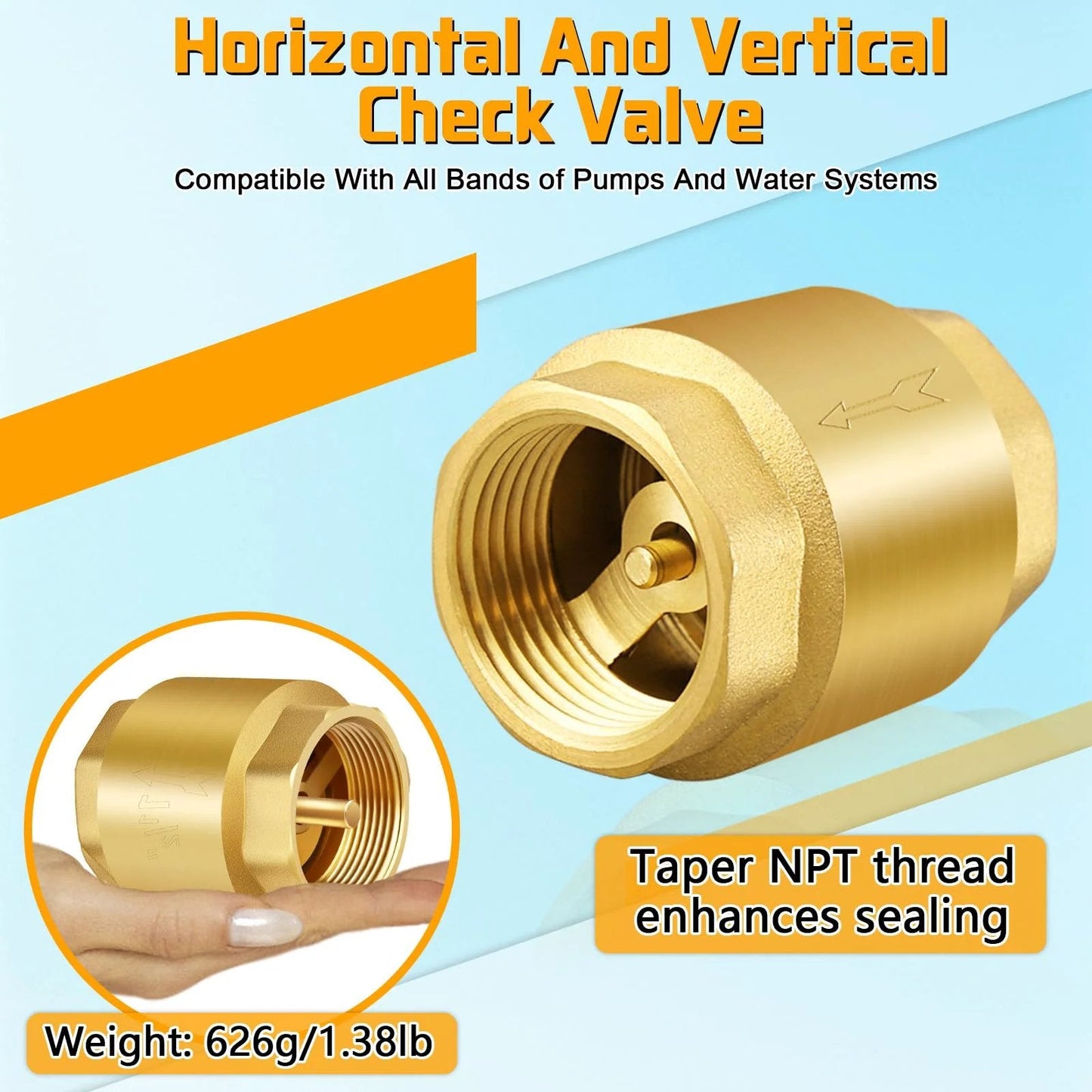 Solid Brass Spring Check Valve One And One Half Inch NPT Female Thread Non Return One Way Inline Water Valve for Well Pump Tank