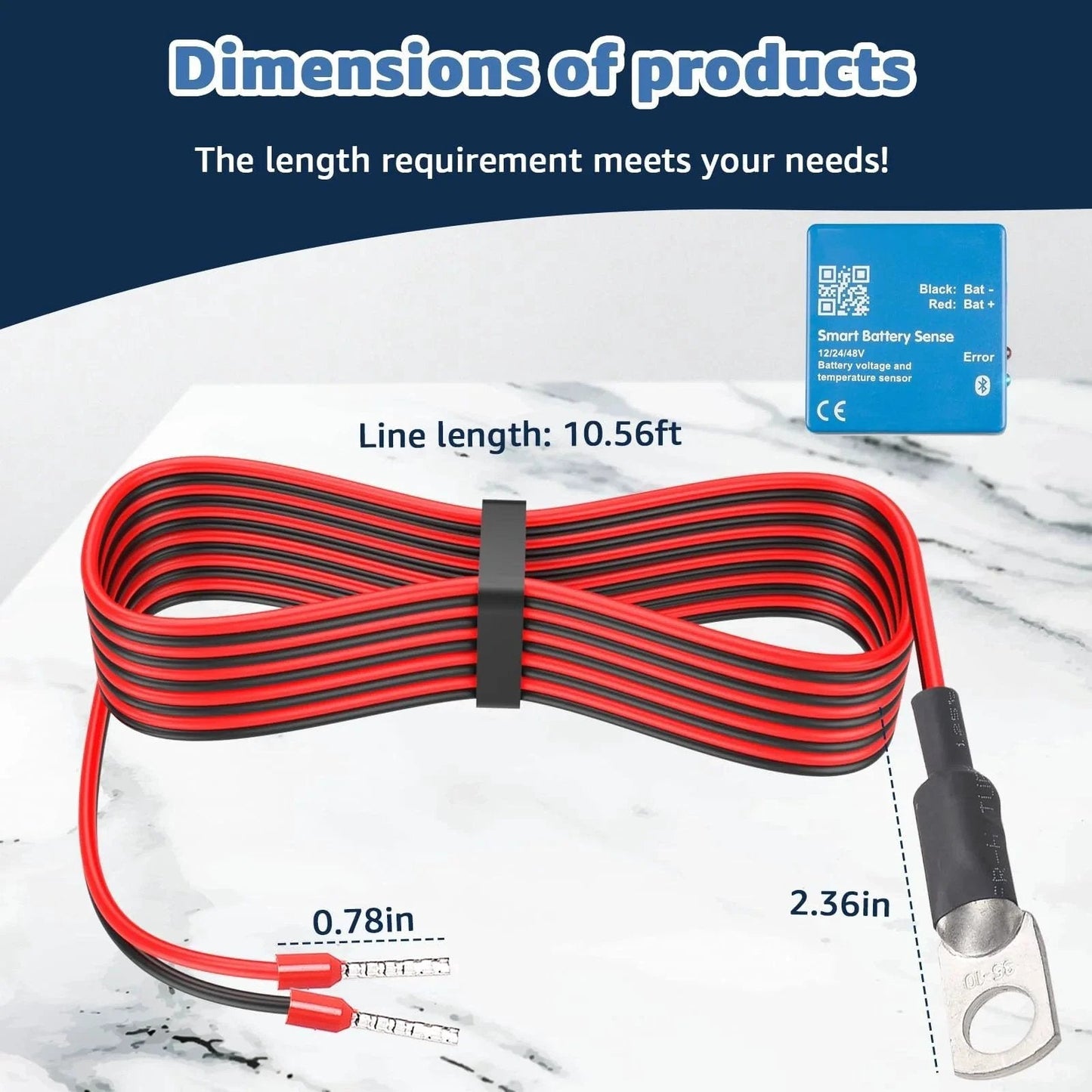 Temperature Sensor Replacement For Victron Energy That Is A Must Have For Precision Battery Temperature Monitoring And Easy Plug In Compatibility With Quattro And MultiPlus Inverter Chargers Cerbo GX And Venus GX For Reliable Charging Performance, showing red and black cable with connectors and dimensions.