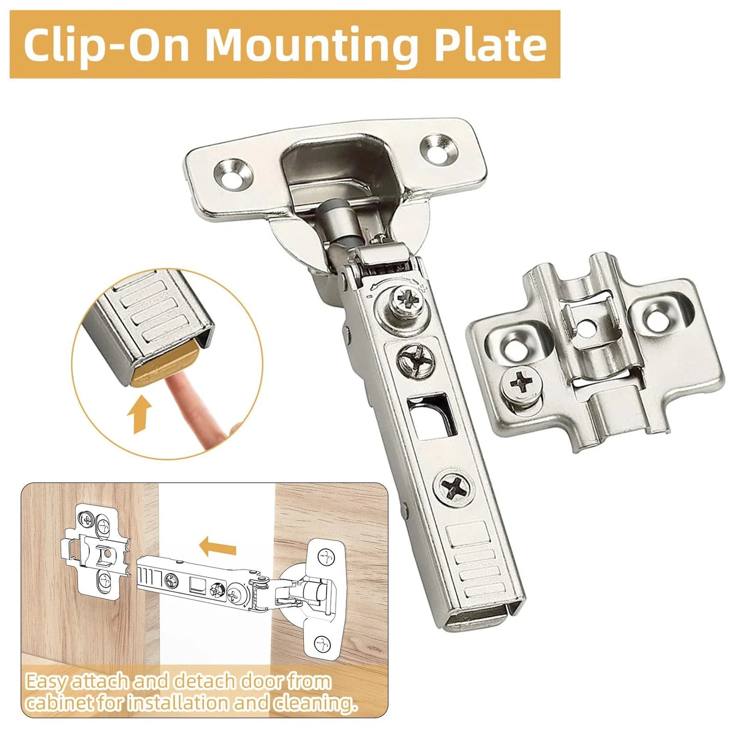 10 Pack Frameless Full Overlay Soft Close Cabinet Hinges With 4D Adjustment And Speed Control For A No Gap Fit Clip On European Stainless Steel Kitchen Hardware Open From 45 To 110 Degree with clip-on mounting plate and installation details.