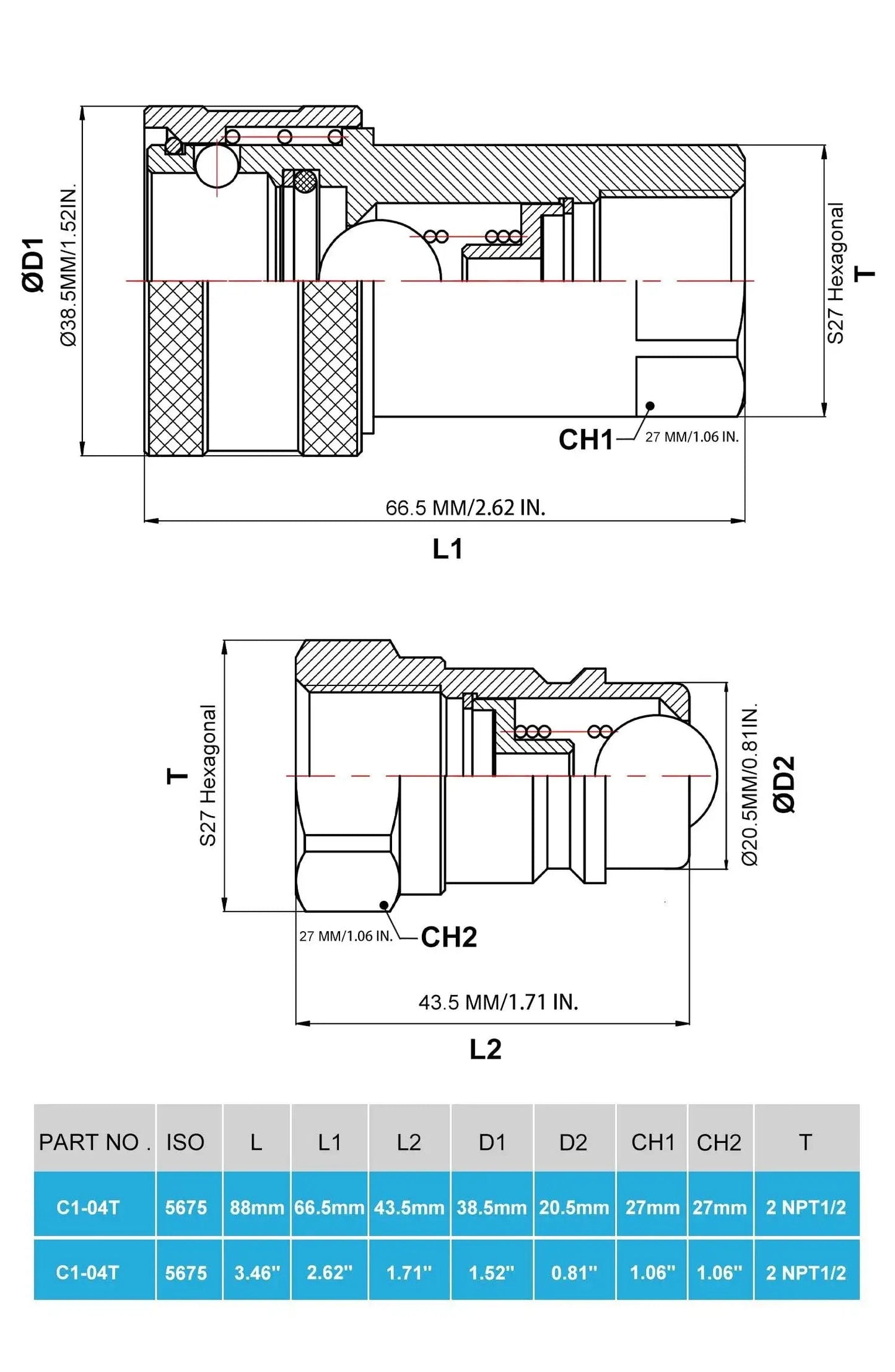 Technical diagram of Heavy Duty Half Inch NPT ISO 5675 Hydraulic Quick Connect Tractor Couplers Pioneer Style with measurements.