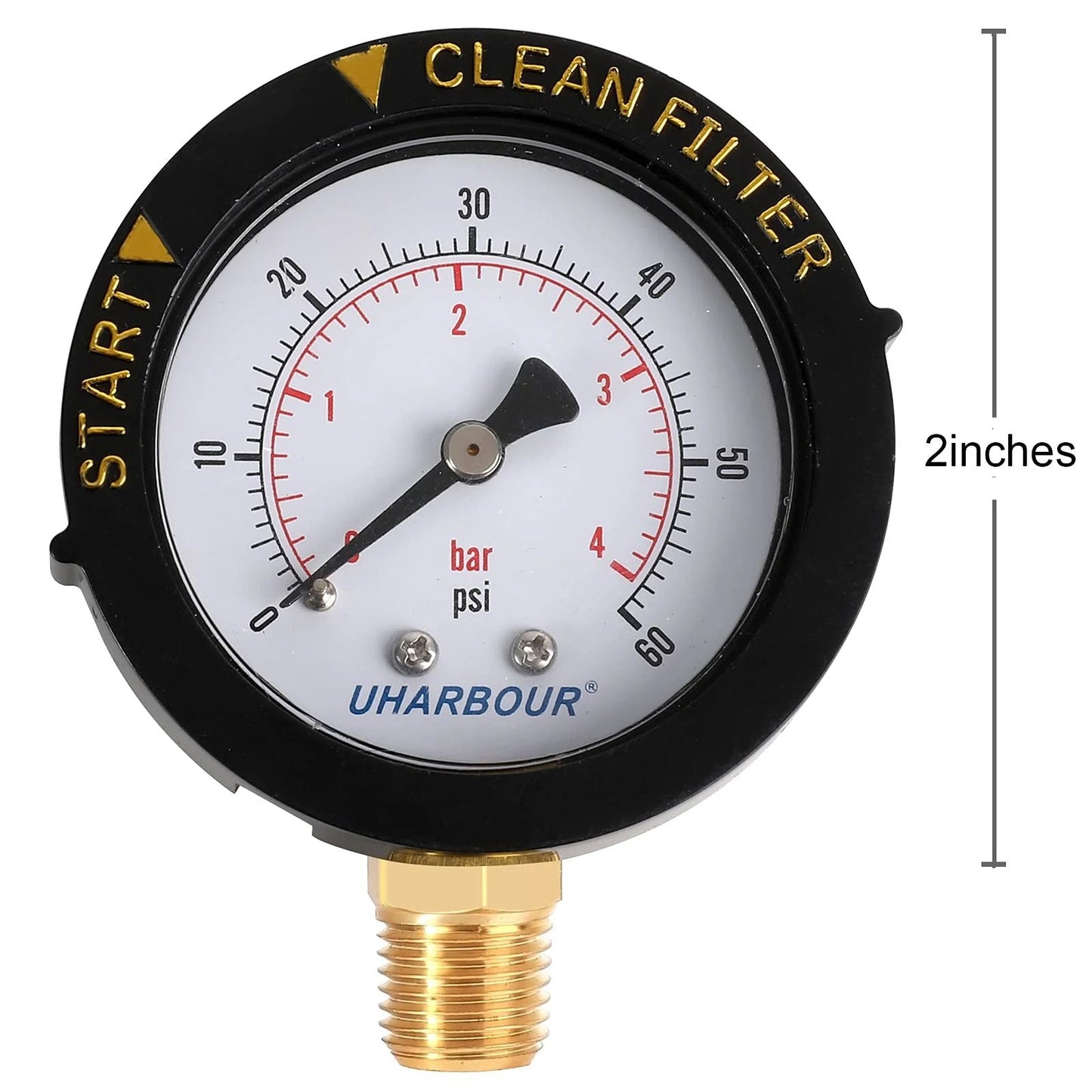 Front view of black and white Pool Filter Pressure Gauge 60 PSI One Quarter Inch NPT Bottom Mount Pro Grade Replacement with brass fitting.