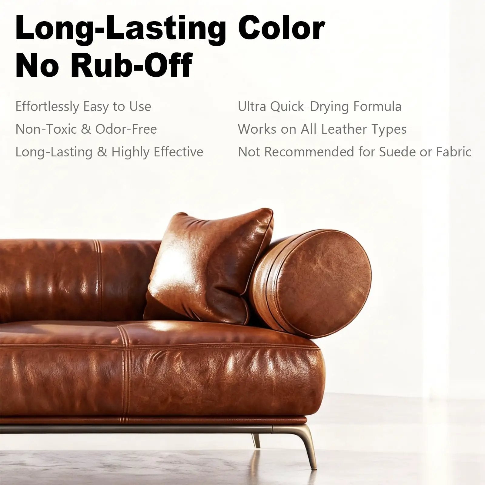 Dark Brown Leather Repair Kit With Recoloring Balm And Dye For Scratches, Fading, And Worn Leather Or Vinyl On Couches, Car Seats, Boots, And Furniture on a brown leather sofa.