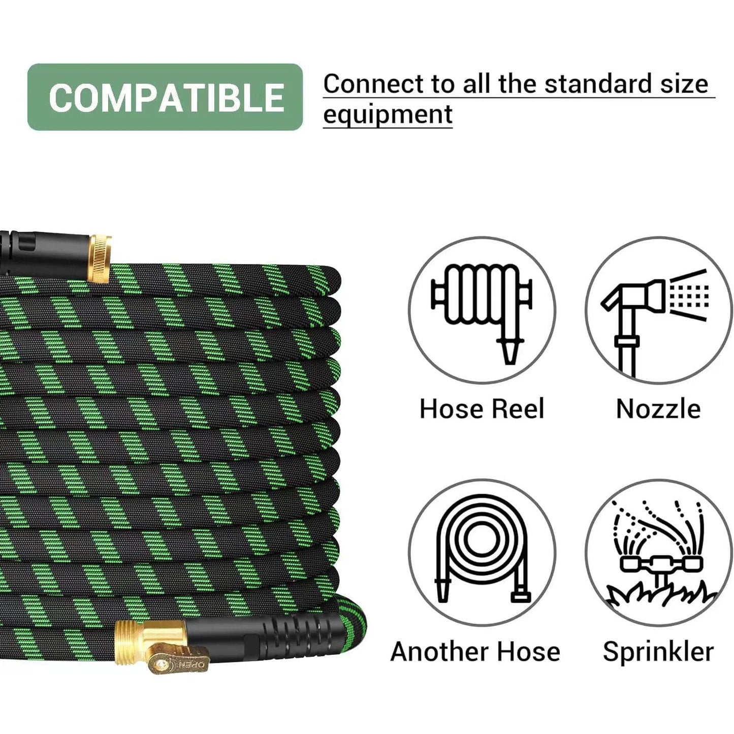 Non Expanding Garden Hose With Jet Nozzle, Ultra Lightweight Fabric Hybrid Water Hose, Kink Resistant 100ft Green
