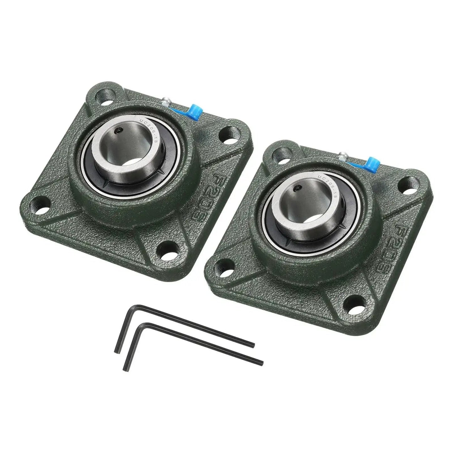 Pillow Block Bearing UCF206-18 With One And One Eighth Inch Bore Self Alignment In Solid Cast Iron Base Chrome Steel Sealed Bearings Square Flange Mount Two Pack With Screws And Wrenches