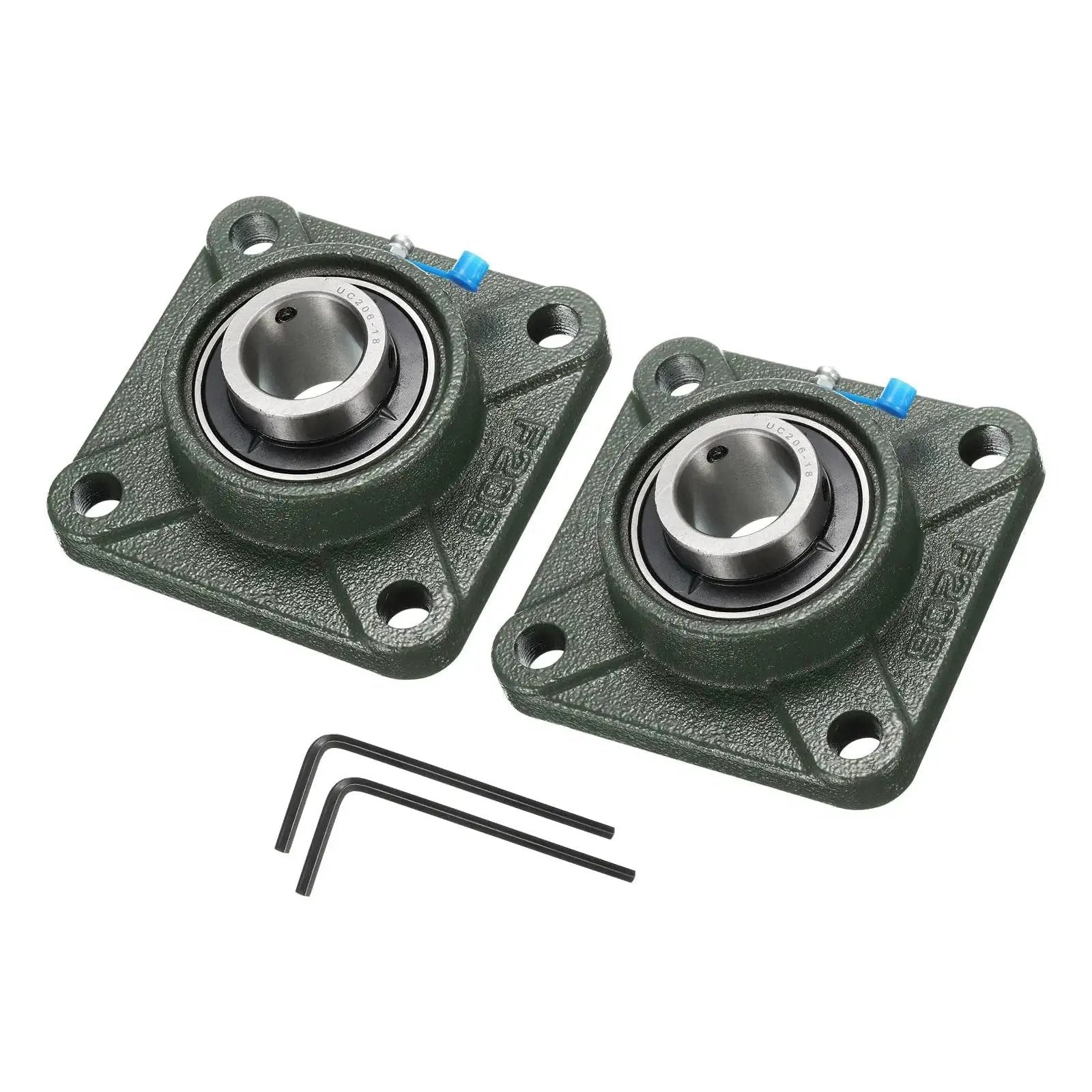 Pillow Block Bearing UCF206-18 With One And One Eighth Inch Bore Self Alignment In Solid Cast Iron Base Chrome Steel Sealed Bearings Square Flange Mount Two Pack With Screws And Wrenches