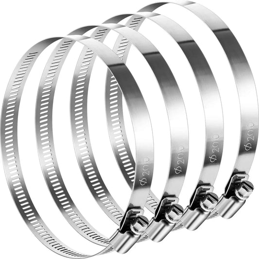 4 Piece 8 Inch Adjustable 304 Stainless Steel Duct Hose Clamps Worm Gear Clamps For Pipe Intercooler Plumbing Tube And Fuel Line Leak Proof Corrosion Resistant Long Lasting Durable.