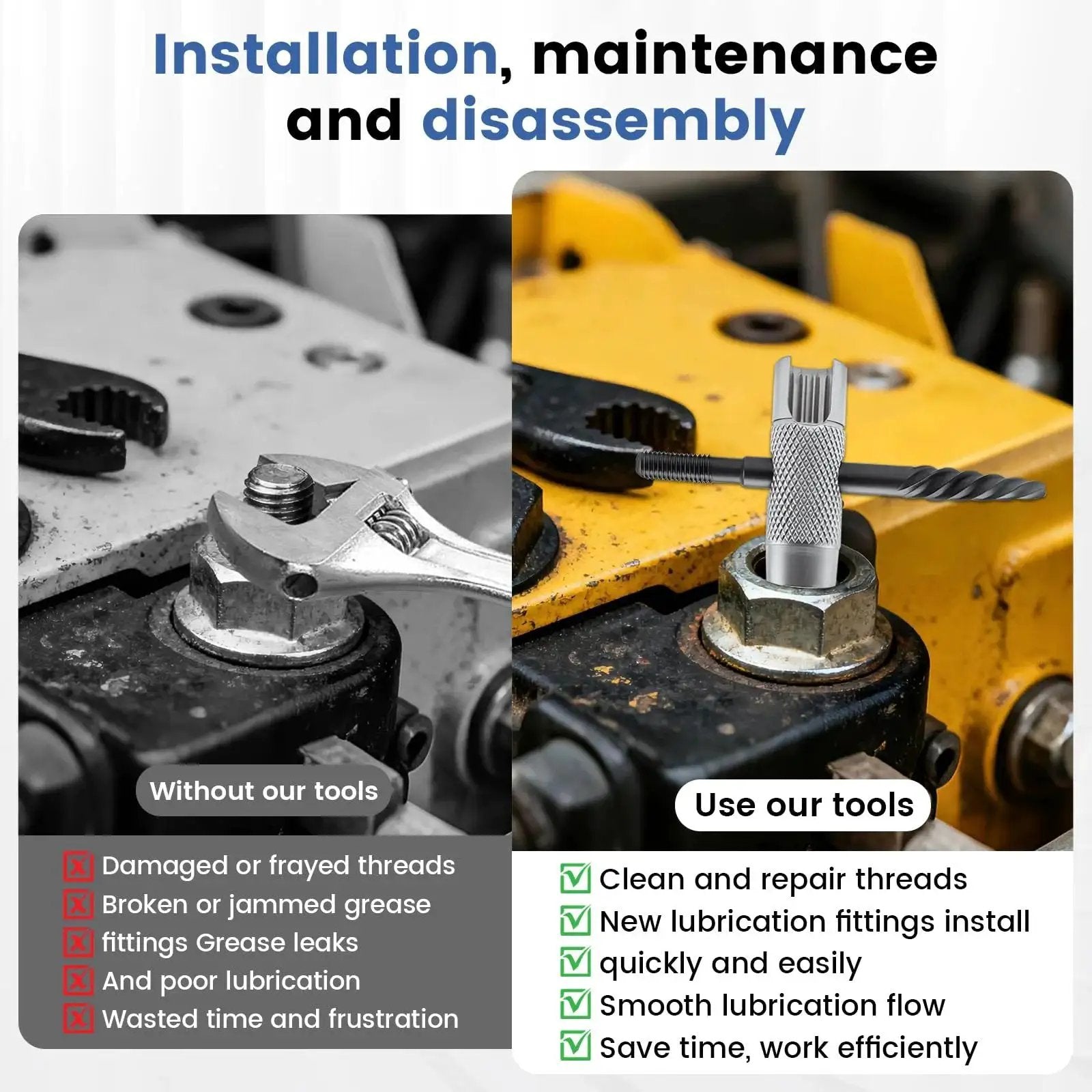 Installation comparison of using Grease Fitting Tool Set 2 Pack 4 In 1 Zerk Fitting Tool on machinery for maintenance.