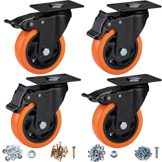 4" Caster Wheels, Heavy Duty Set of 4 - Orange Polyurethane Top Plate Swivel Casters, Industrial 4-Pack with Brake, Locking Wheels for Furniture and Workbench
