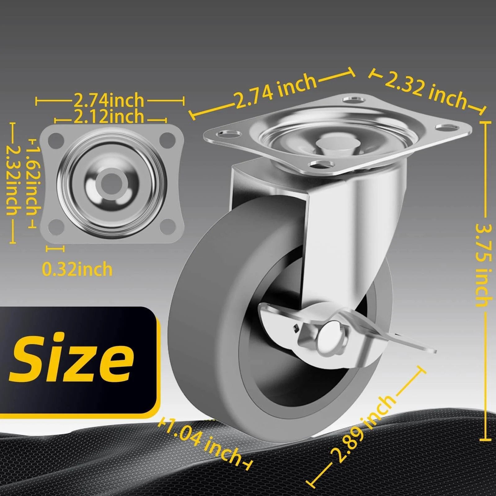 3" Caster Wheels Set of 4 - Heavy Duty Swivel Plate Casters with Rubber Wheels, Locking Brake Castors for Furniture, Carts, and Workbench - Canadian Ball Bearing Supplier.