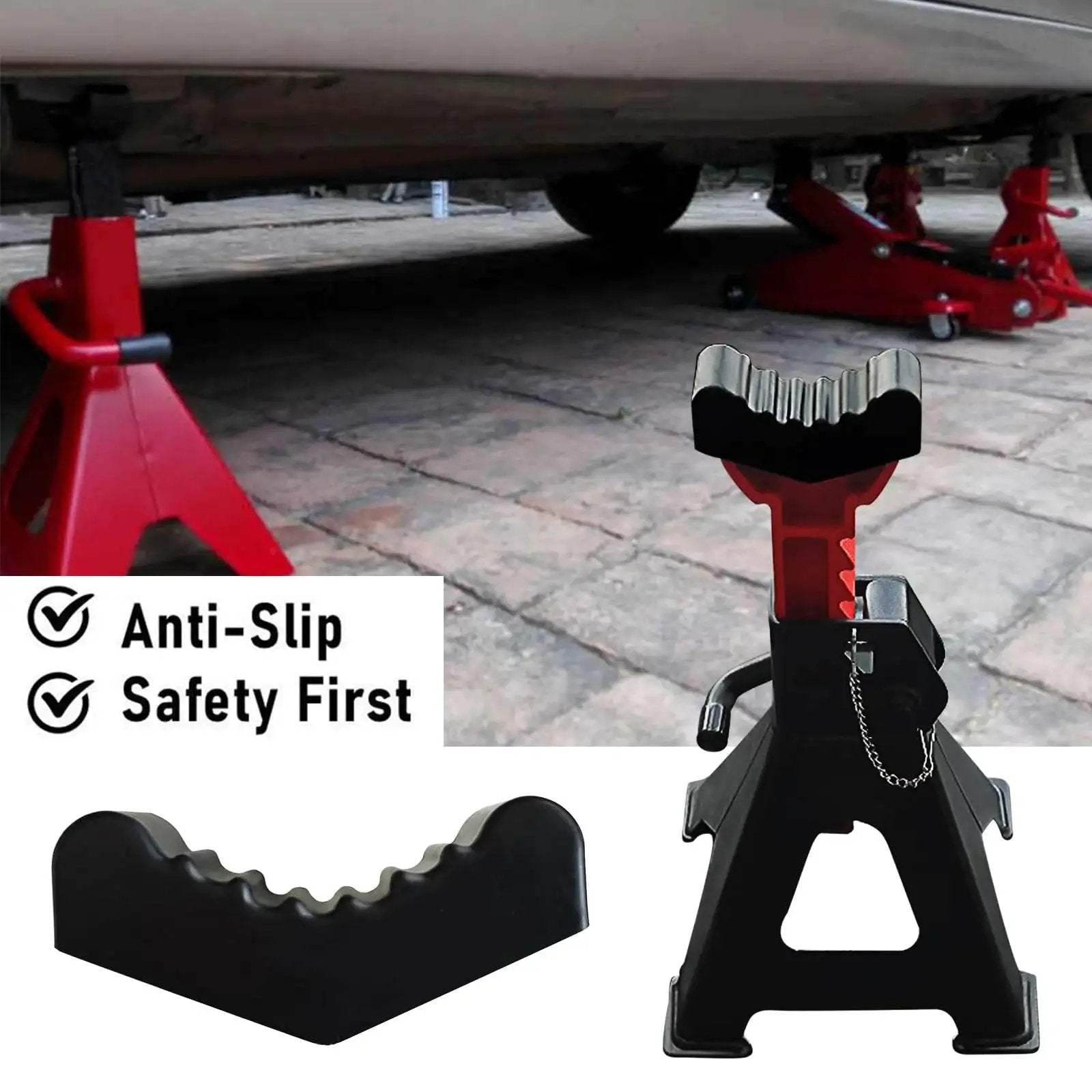 6 Ton Car Jack Stand Rubber Pad For Slotted Lift Floor Adapter And Safety Grip shown with car lifted, anti-slip feature highlighted