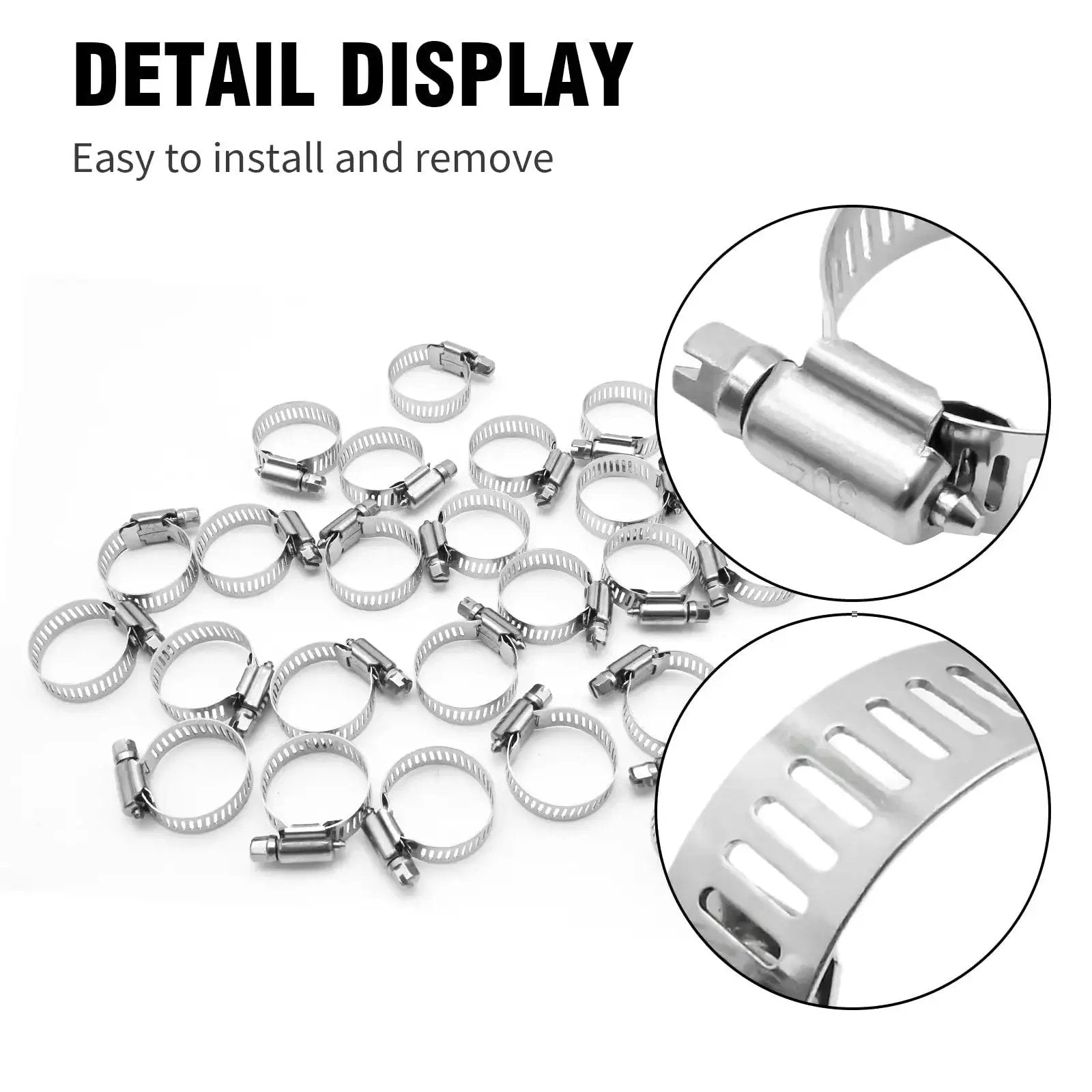 Heavy Duty Pro Grade Stainless Steel Hose Clamp Set, 25 Pcs, 304 Pro Grade, Fits 3/4 to 1-1/4 Inch 18-32mm Pipes, close-up view