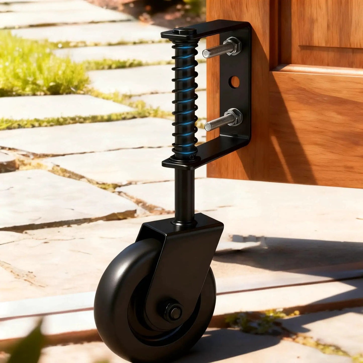 4.3 Inch Heavy Duty Gate Wheel With Spring Loaded Caster TPR Non Slip Wheel installed on wooden fence gate