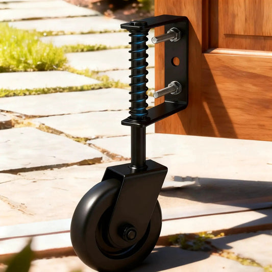 4.3 Inch Heavy Duty Gate Wheel With Spring Loaded Caster TPR Non Slip Wheel installed on wooden fence gate