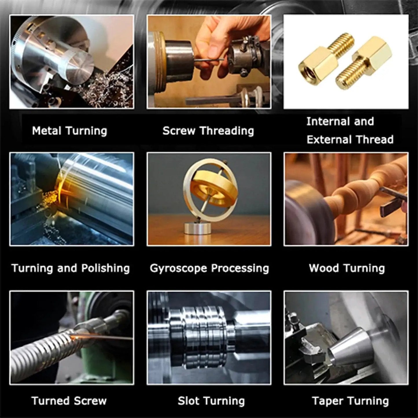 Various functions of the Industrial Metal Lathe Machine For Home Shop And Workshop With 10.2 Inch Swing And 27.5 Inch Distance Between Centers Geared Head Lathe High Torque Variable Speed Turning 115-1620 RPM AC 110V 1HP By TechTONGDA displayed, including metal turning, screw threading, and polishing.