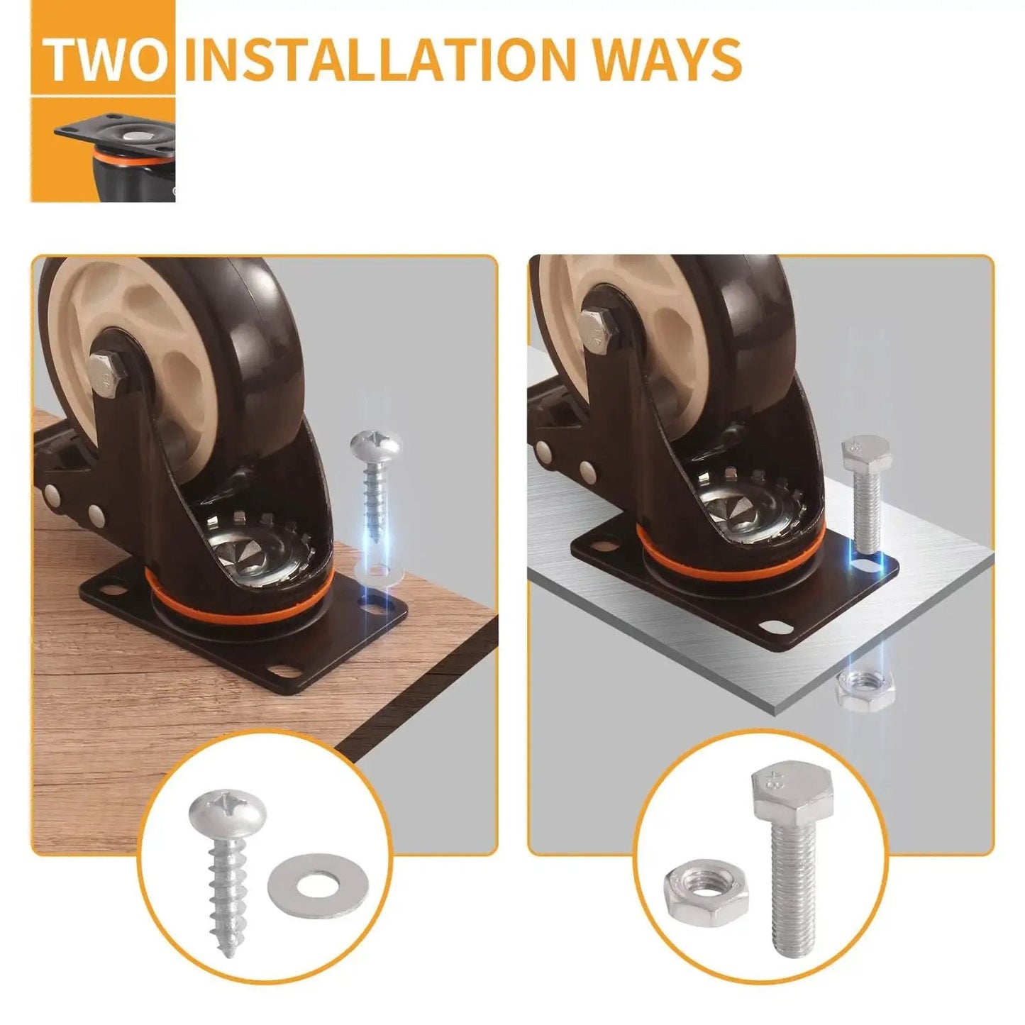 5 Inch Caster Wheels With Brake Set Of 4 Heavy Duty 2000 Lbs Industrial Swivel Casters Polyurethane Quiet Wheels For Cart And Workbench Dual Locking Safety Brakes Two Hardware Kits Included shown with installation options on wood and metal surfaces.