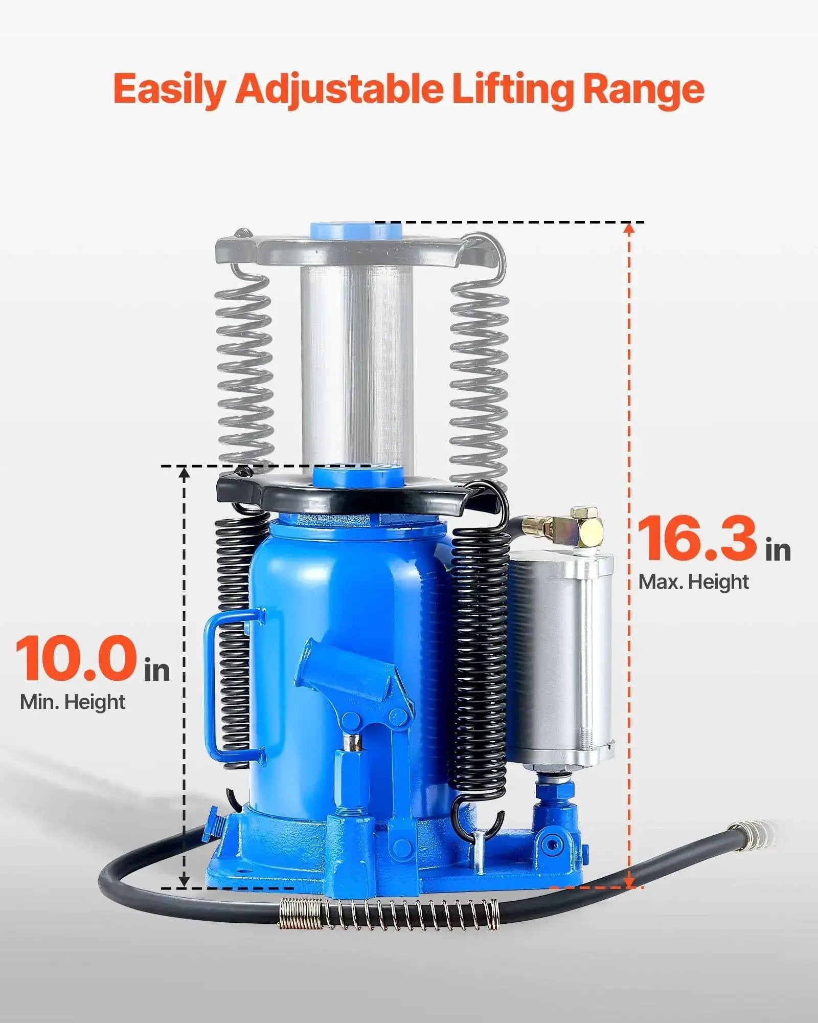 Air Hydraulic Bottle Jack 32 Ton Floor Jack With Manual Pump And Pneumatic Lift shown in blue with height range 10-16.3 in