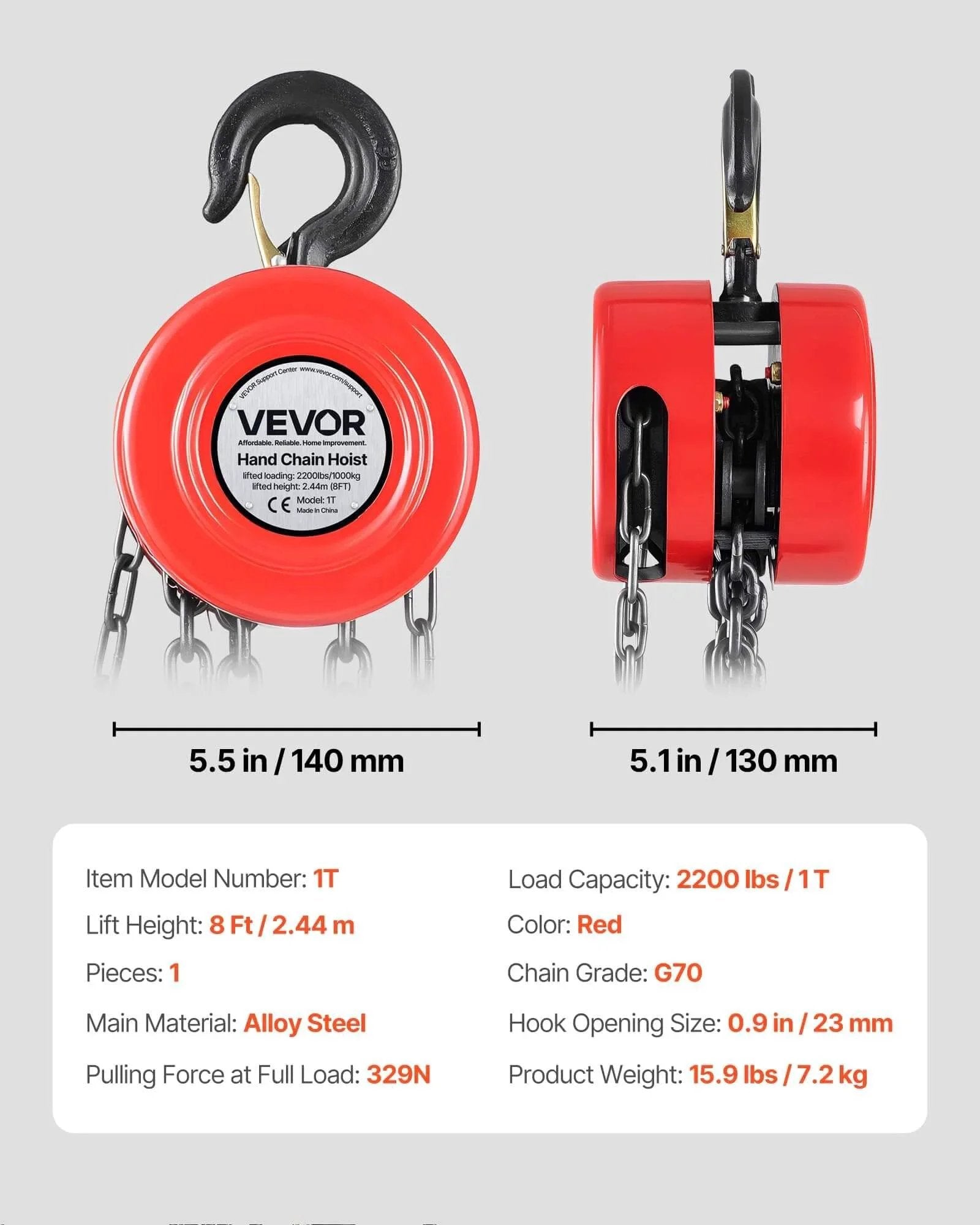 Front and side view of 1 Ton Hand Chain Hoist With 8 Ft Lift Galvanized G70 Chain Heavy Duty Pulley Block For Garage And Warehouse.