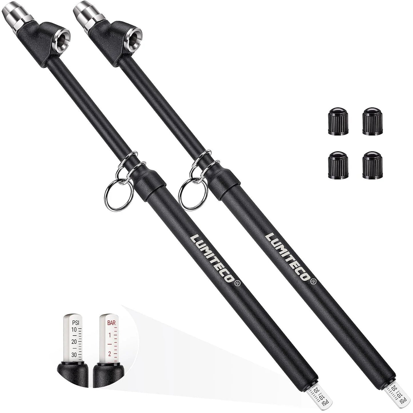 Two Pack Dual Head Tire Pressure Gauge With Extended Reach Pencil Style 12 Inch Gauge For Dual Wheels Straight On And 30 Degree Reverse Chucks
