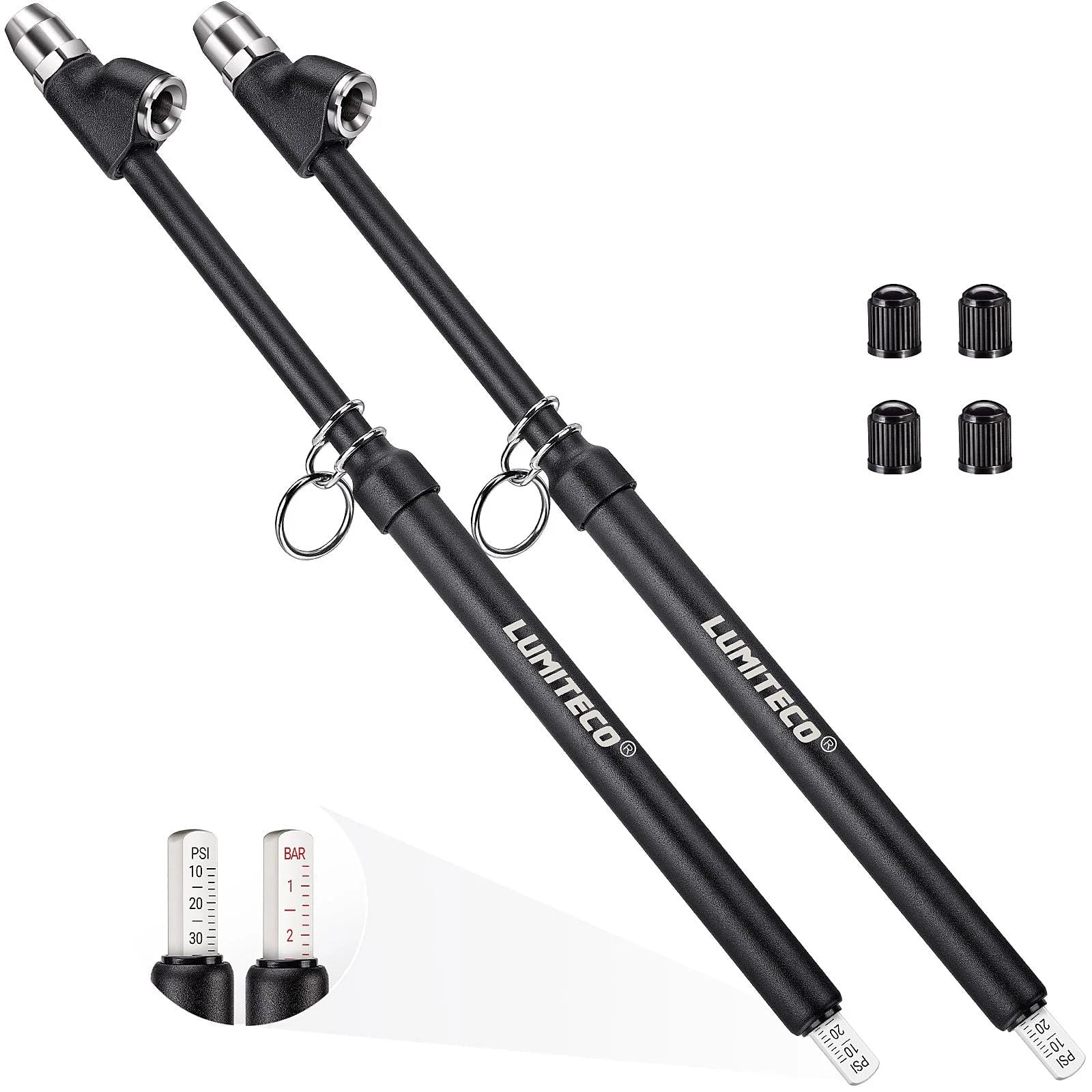 Two Pack Dual Head Tire Pressure Gauge With Extended Reach Pencil Style 12 Inch Gauge For Dual Wheels Straight On And 30 Degree Reverse Chucks