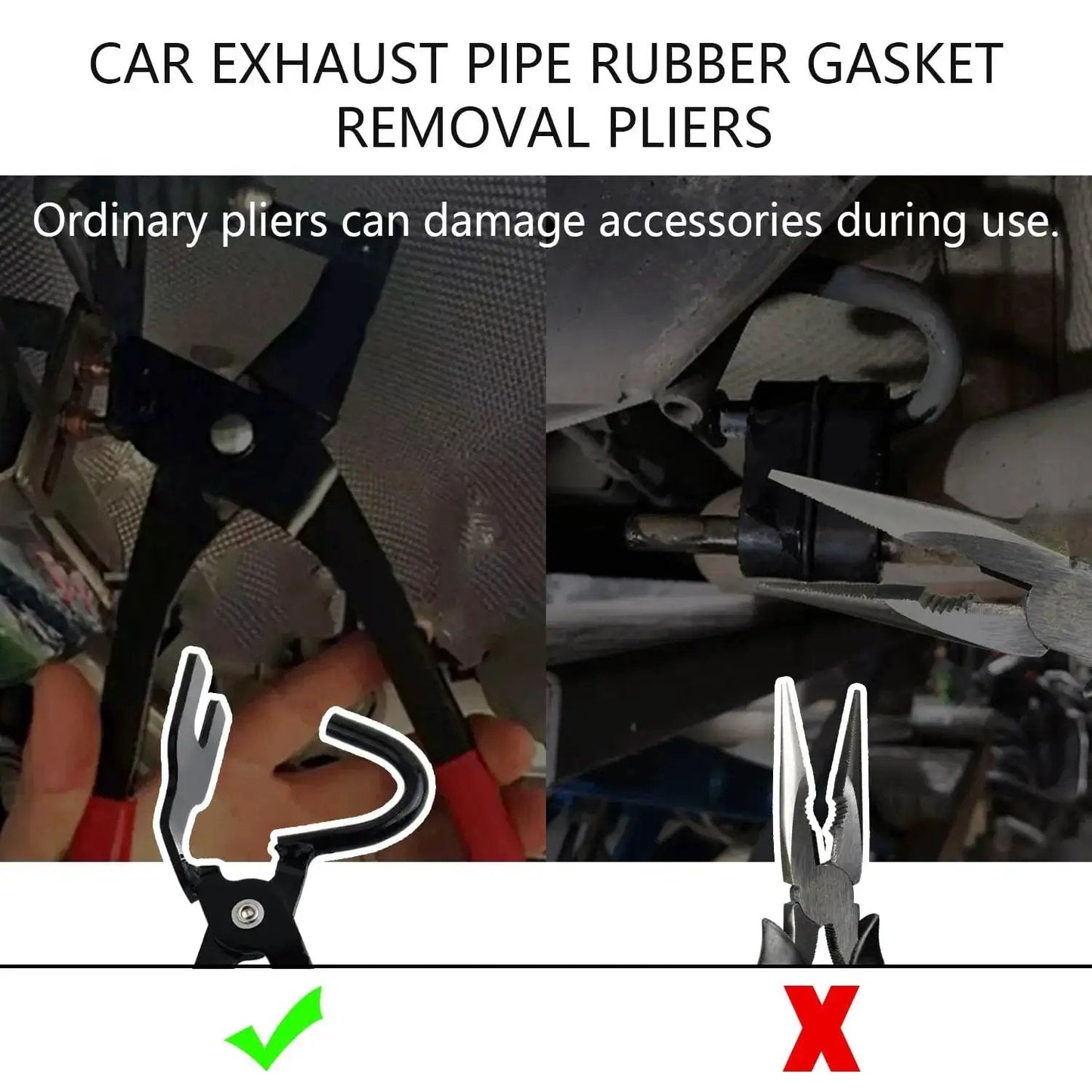 Exhaust Hanger Removal Tool With 25 Degree Offset Design And Non Slip Pliers showing comparison of correct and incorrect usage.