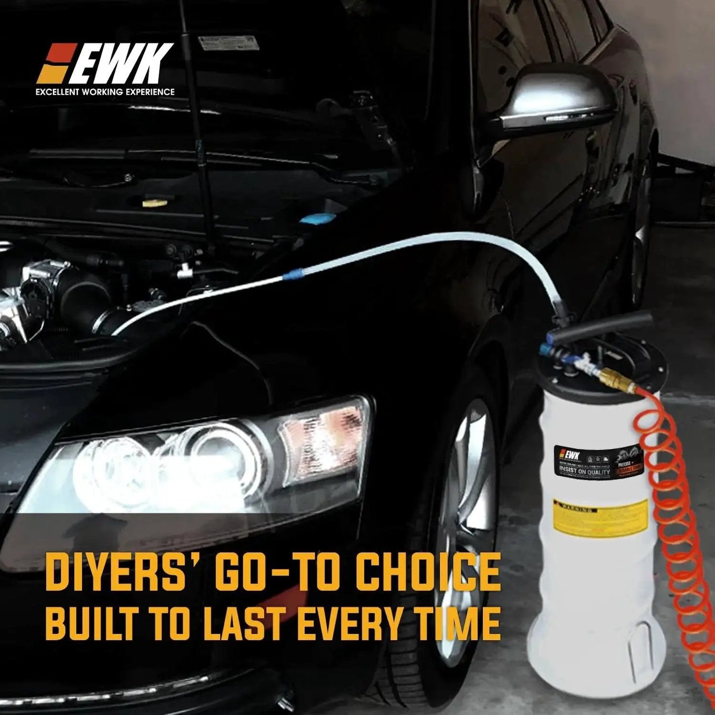 6.5L Pneumatic And Manual Oil Extractor Pump for DIY Car Maintenance next to a car in a garage setting