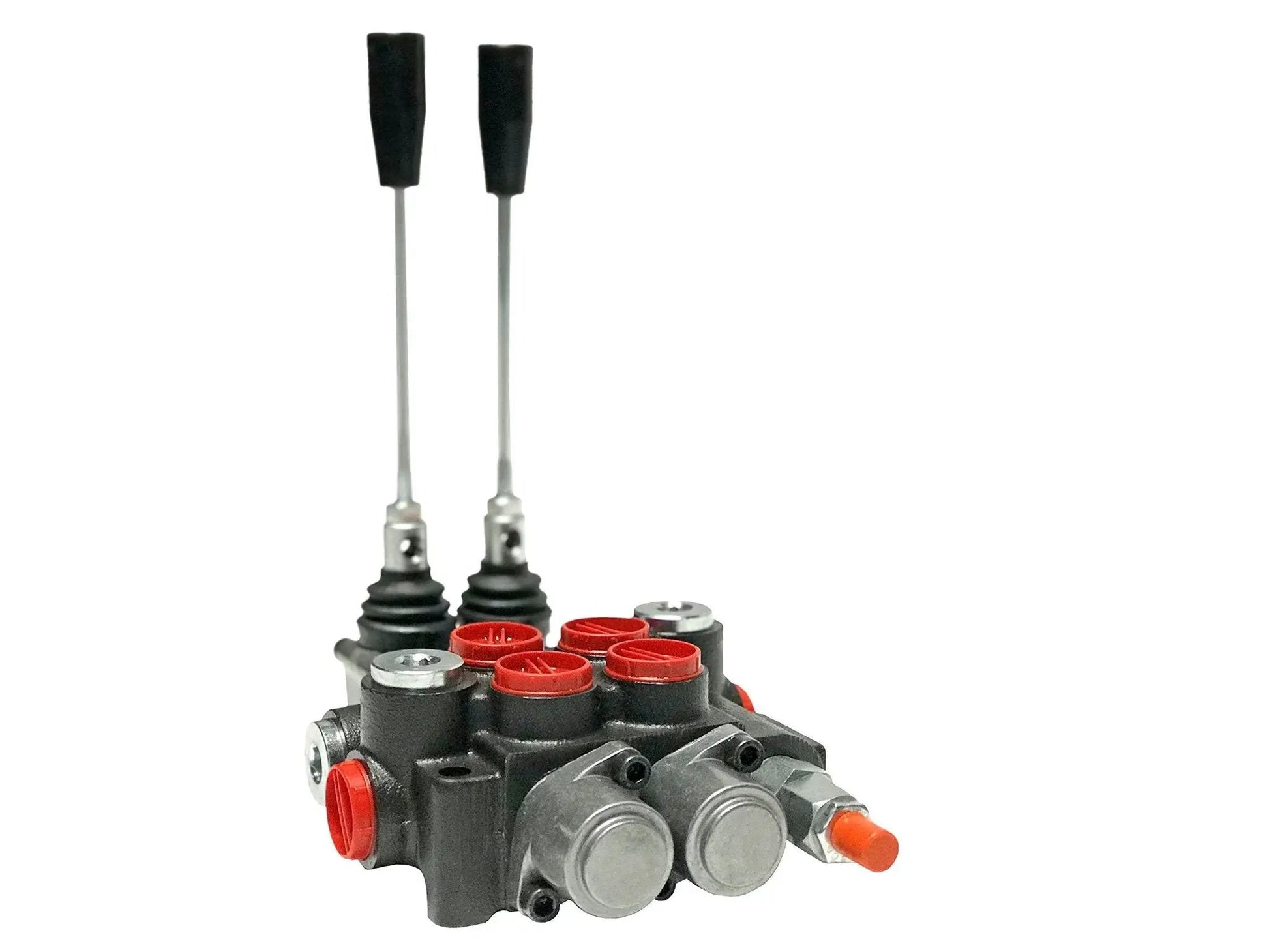 Open Center 4 Way Hydraulic Directional Control Valve With 2 Spools Monoblock side view showing handles and ports