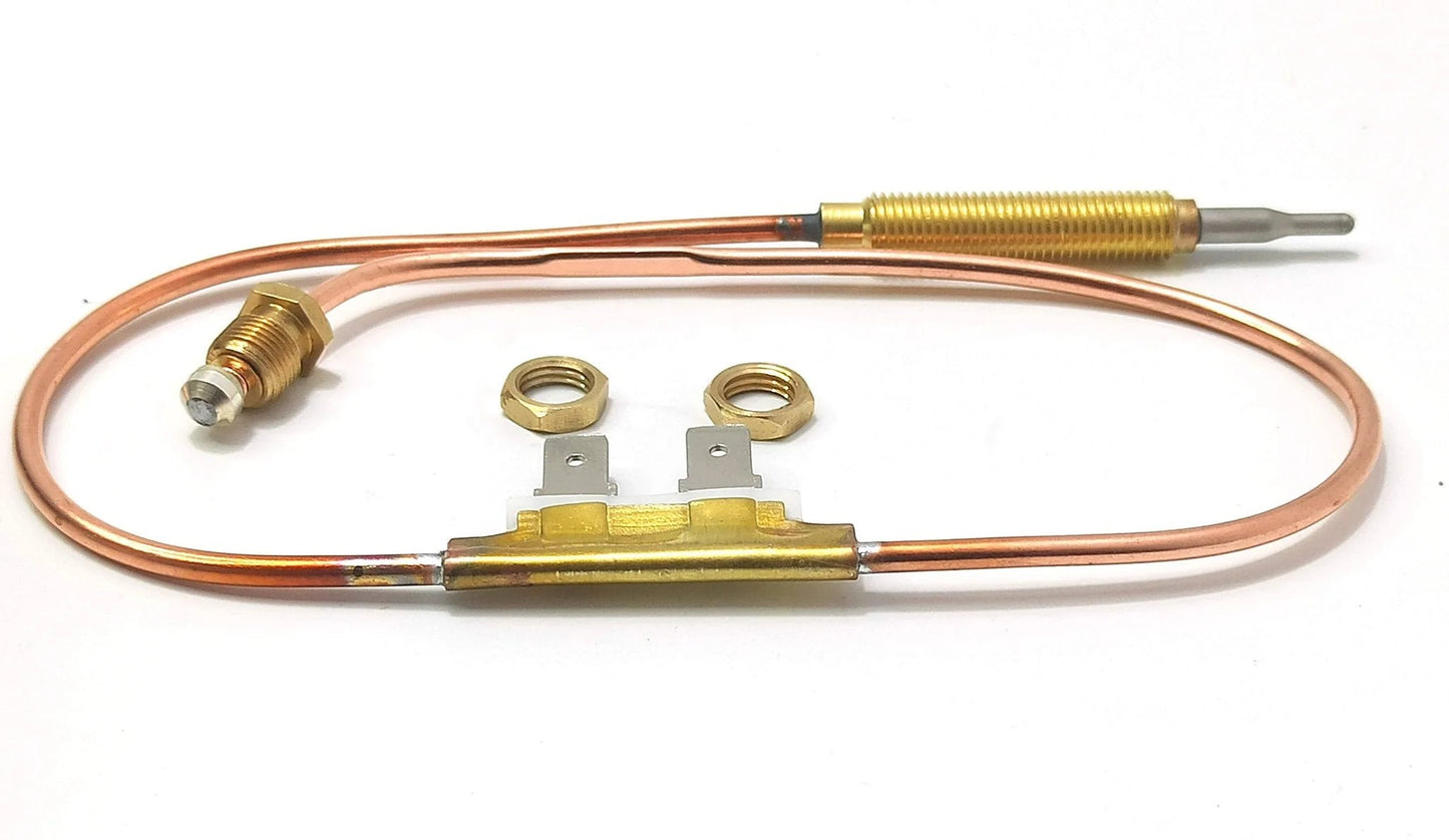 Heavy Duty 18 Inch Heater Thermocouple 104146-01 104146-02 That Works With RLP30 RLP50VA RLP100A REM30LP REM50PVA BLP30 BLP42 BLP50VA BLP100A And More Reddy Remington Master Dayton Desa LP Heaters displayed with connectors and fittings