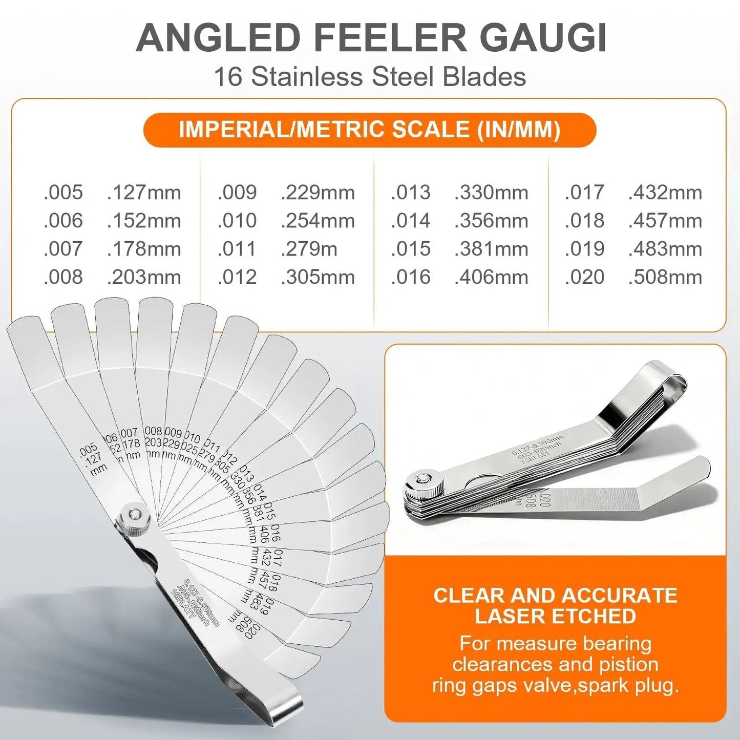 Stainless Steel Feeler Gauge Set With 32 Straight Blades And 16 Angled Blades For Precise Gap And Thickness Measurement And Stackable Blades For Readings Pro Grade For Guitar Setup Spark Plugs Valves Piston Clearance And Auto Marine DIY Projects shown open with measurement chart