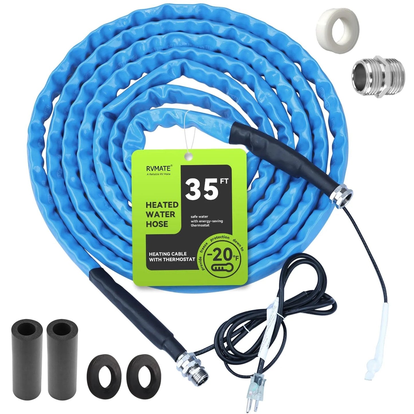 Heated Water Hose For RV 35Ft With Freeze Protection To Minus 20 Fahrenheit Energy Saving Thermostat And UL Listed Cable Ideal For RV Camper Garden Home Winter Use, coiled hose with connectors and fittings