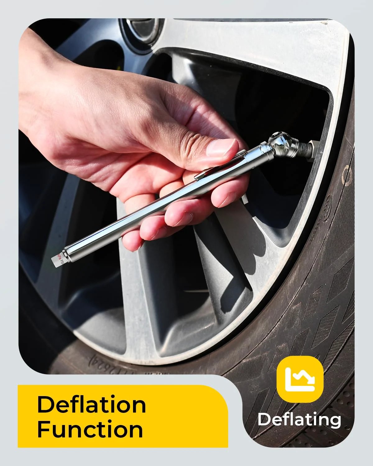 Two Pack Pencil Tire Pressure Gauge With Valve Caps, Stainless Steel Body, Deflator Valve, And Metal Nozzle in use on car tire