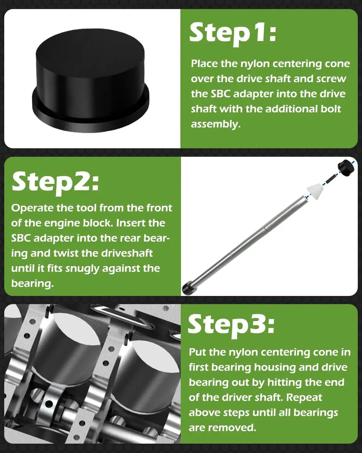 Cam Bearing Installation And Removal Tool For Small Block V8 And 90 Degree V6 Engines Universal Compatibility, step-by-step guide.