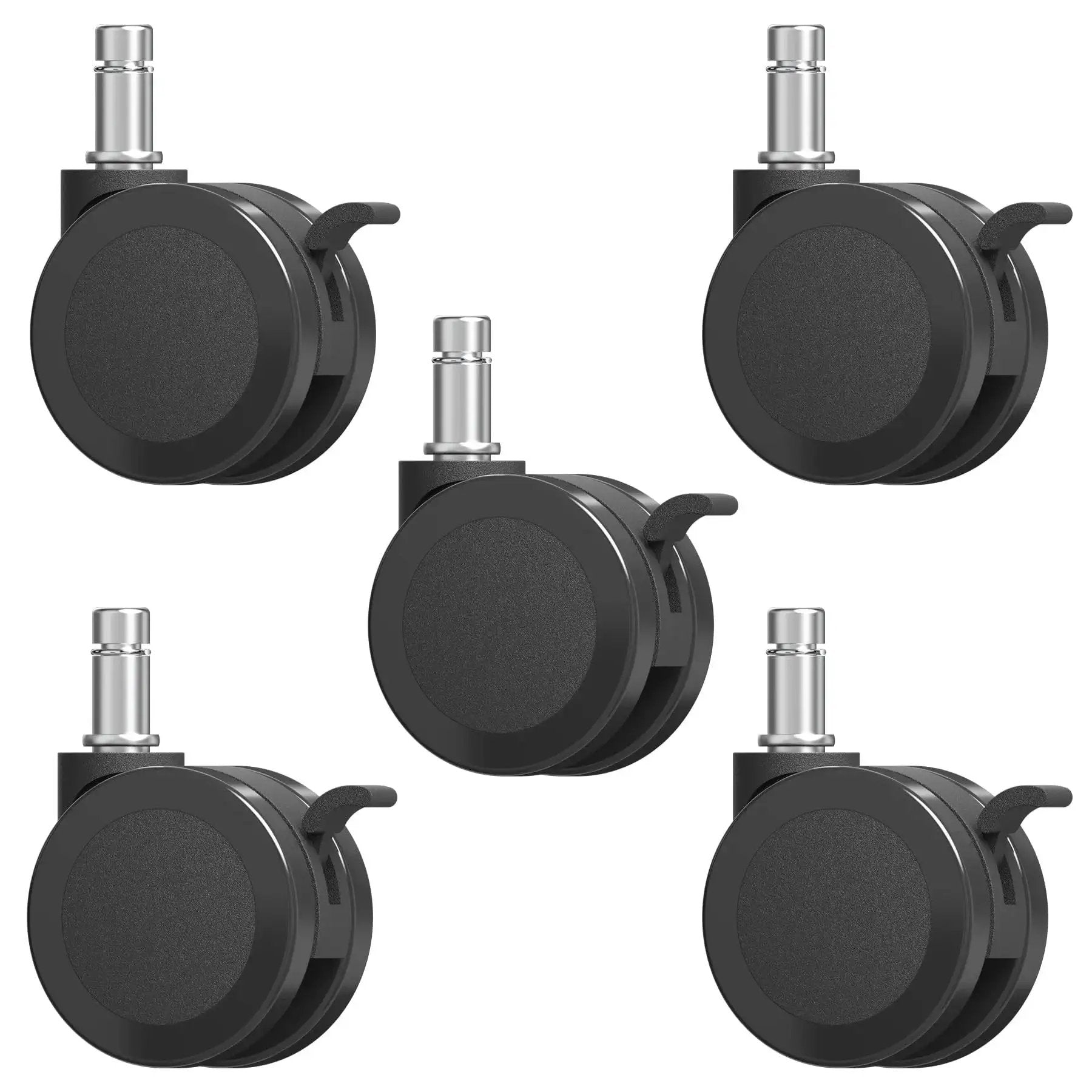 Set of five black Office Chair Wheels With Brakes 2.36 Inch Diameter Locking Caster Replacement for carpet and hardwood floors.
