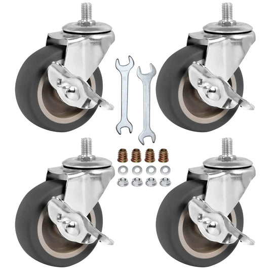 Heavy Duty 3 Inch Stem Casters Set Of 4 With Brakes, Swivel Wheels for workbenches, trolleys, and furniture dollys with tools and accessories.