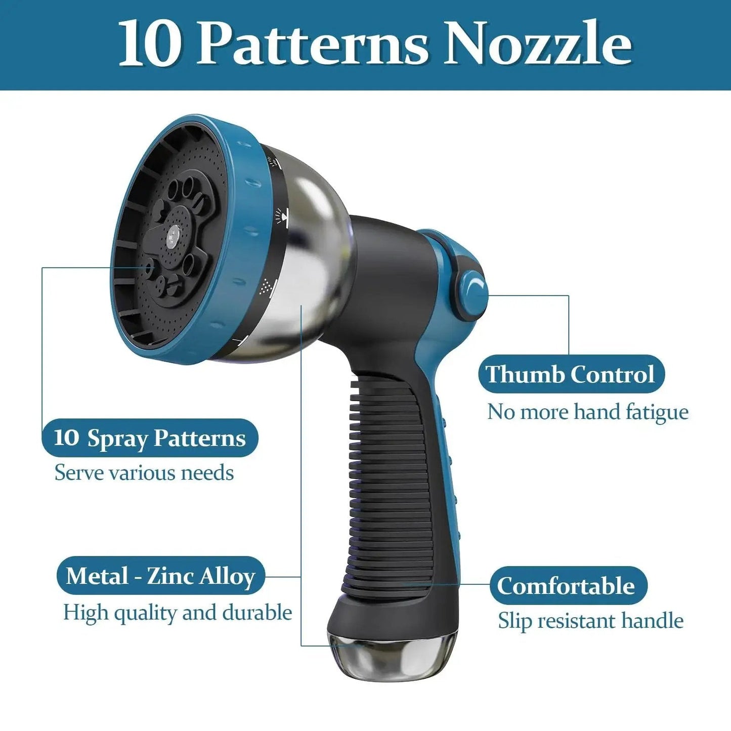 Blue and black garden hose nozzle with 10 spray patterns and thumb control grip, made from zinc alloy with slip-resistant handle.