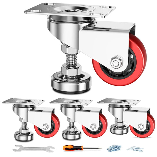 3 Inch Leveling Plate Caster Wheels With Adjustable Anti Vibration Foot Pads Heavy Duty Swivel Casters For Workbenches Machines And Furniture Non Marking Polyurethane Wheels Set Of 4 Total Capacity 1800 Lbs