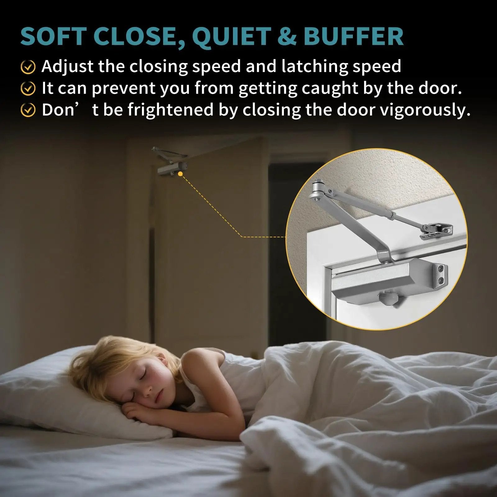 Medium Duty Hydraulic Door Closer For Commercial And Residential Use With Whisper Quiet Soft Close Technology on interior door