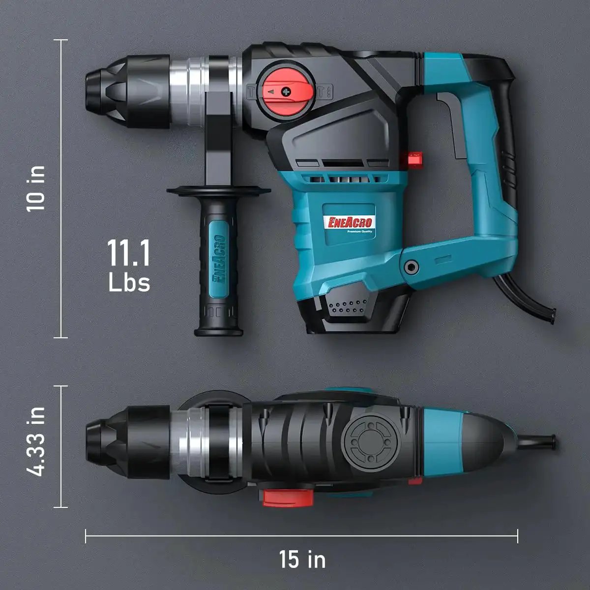 Heavy Duty One And A Quarter Inch SDS Plus Rotary Hammer Drill With 12.5 Amp Motor, shown with side measurements
