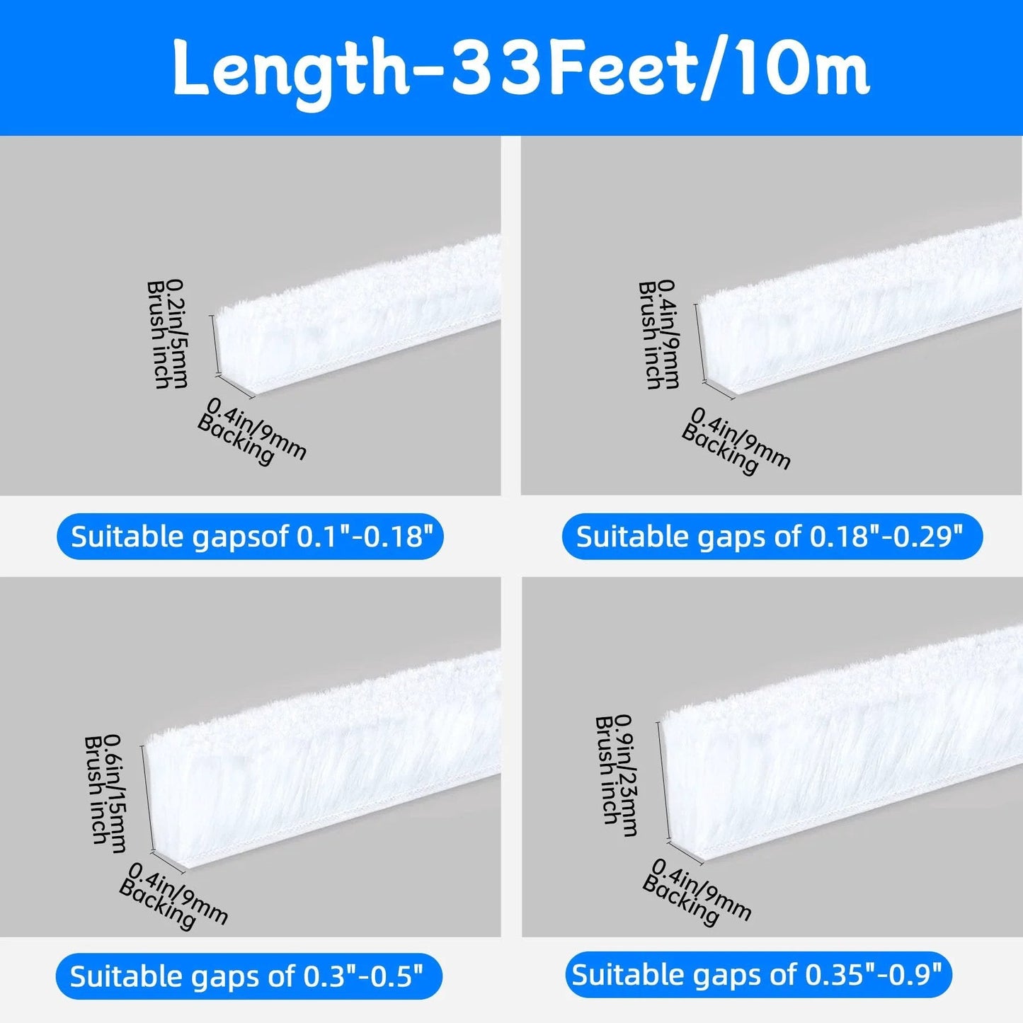 Door Draft Stopper With Felt Pile Weather Stripping For Doors And Windows 33 Feet Long Self Adhesive Blocker Dust Insects Noise Shield Sliding Door Seal For Winter 0.4 Inch Wide By 0.4 Inch Thick showing length and suitable gaps view