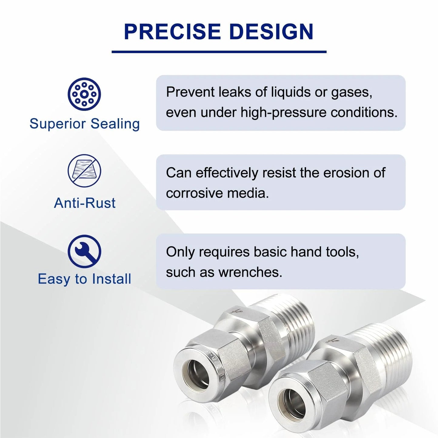 Premium 316 Stainless Steel Compression Tube Fitting Half Inch OD To Half Inch NPT Male Straight Adapter With Double Ferrules For Oil Chemical And Natural Gas Connections 2 Pack showing features of superior sealing and anti-rust design