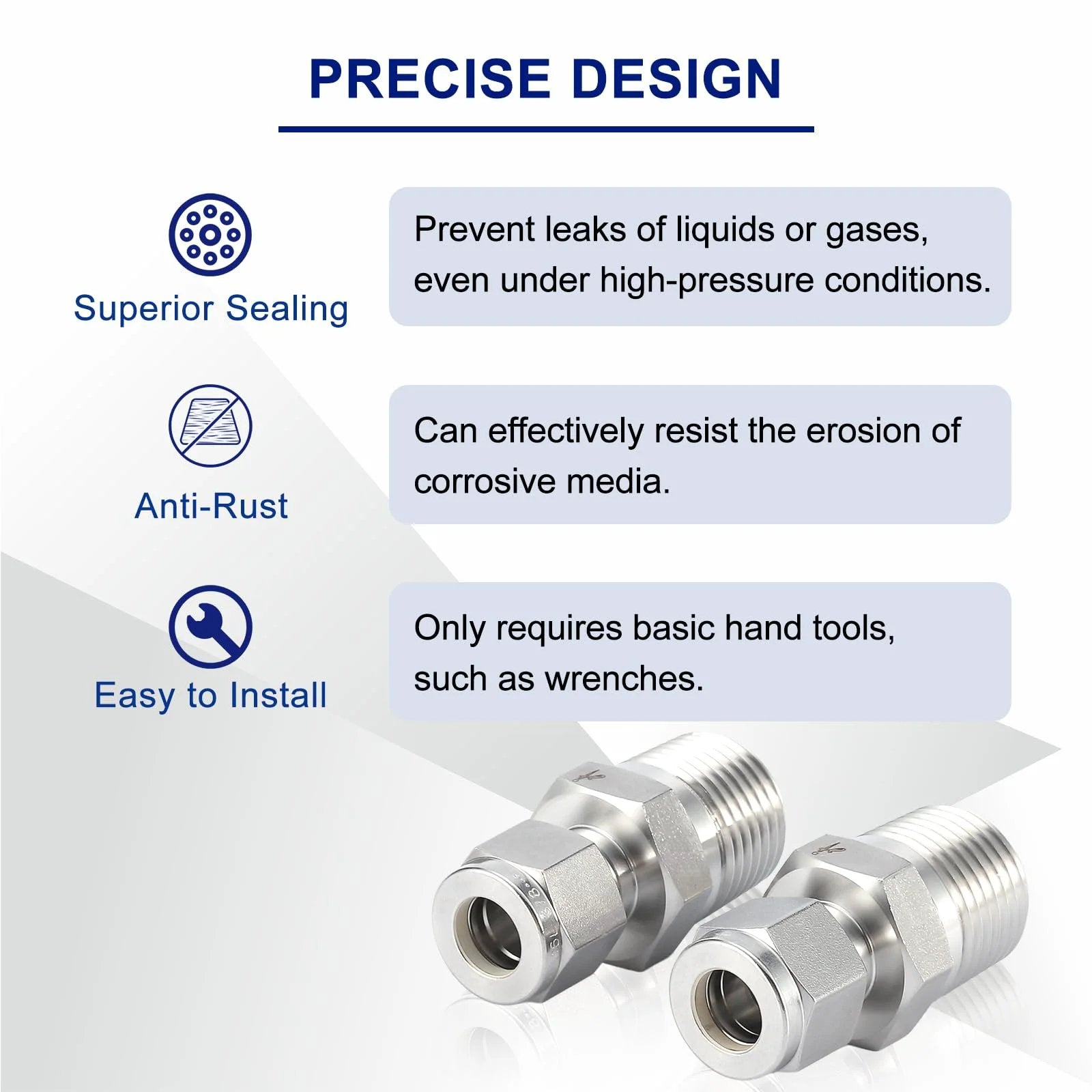 Premium 316 Stainless Steel Compression Tube Fitting Half Inch OD To Half Inch NPT Male Straight Adapter With Double Ferrules For Oil Chemical And Natural Gas Connections 2 Pack showing features of superior sealing and anti-rust design