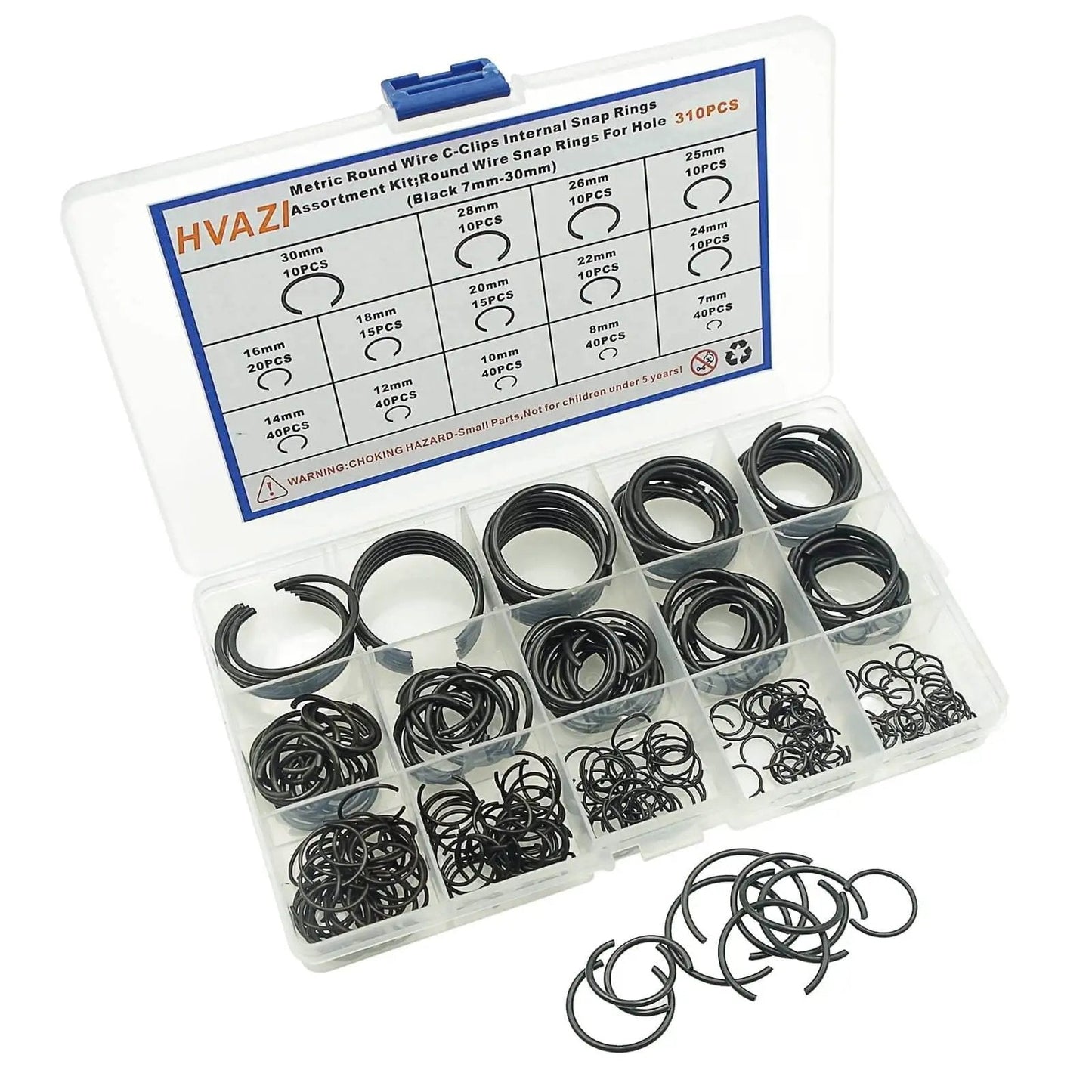 Pro Grade 310-Piece Round Wire C Clip Snap Ring Set, 14 Sizes For Holes 7mm To 30mm, Internal Retaining Rings Kit In Box
