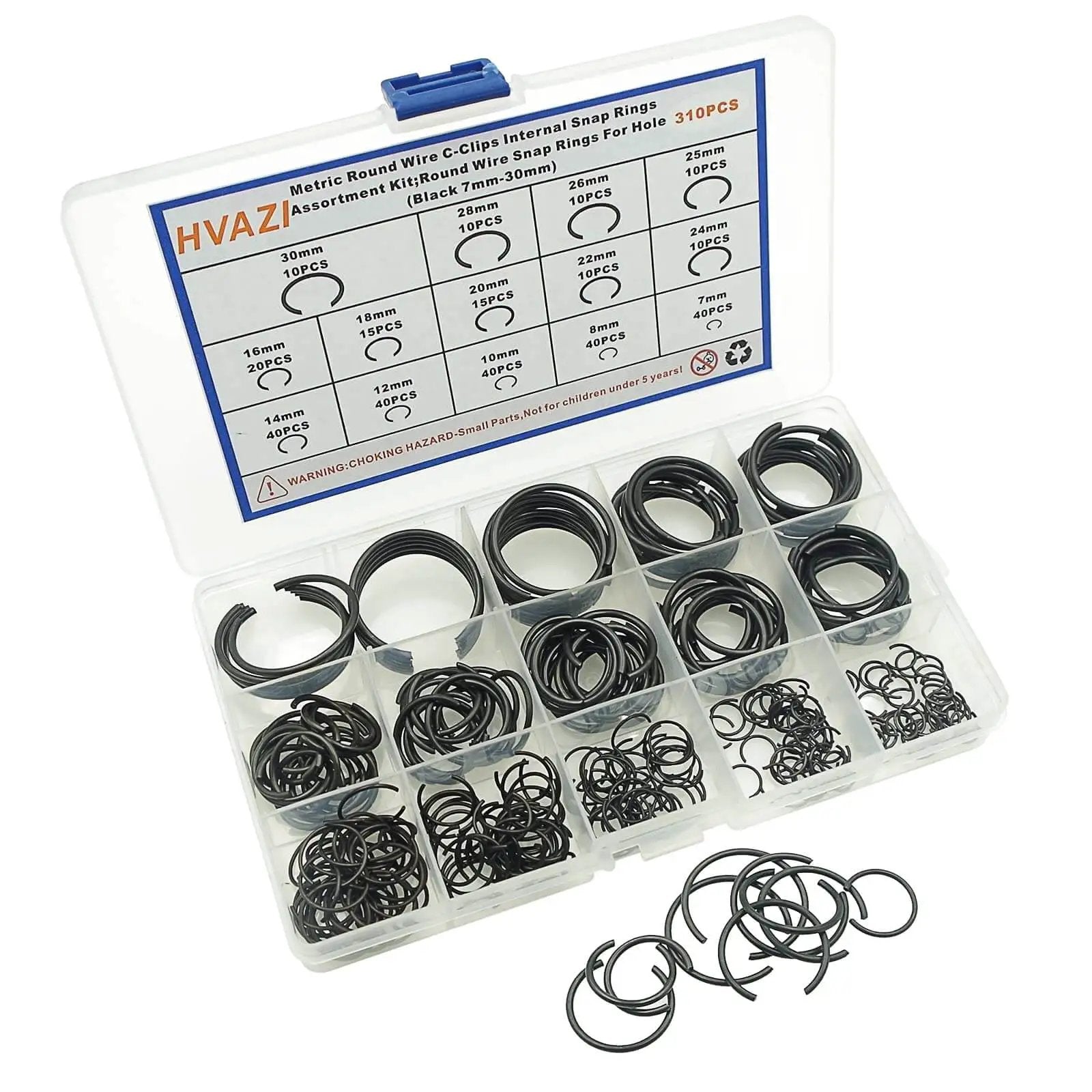 Pro Grade 310-Piece Round Wire C Clip Snap Ring Set, 14 Sizes For Holes 7mm To 30mm, Internal Retaining Rings Kit In Box