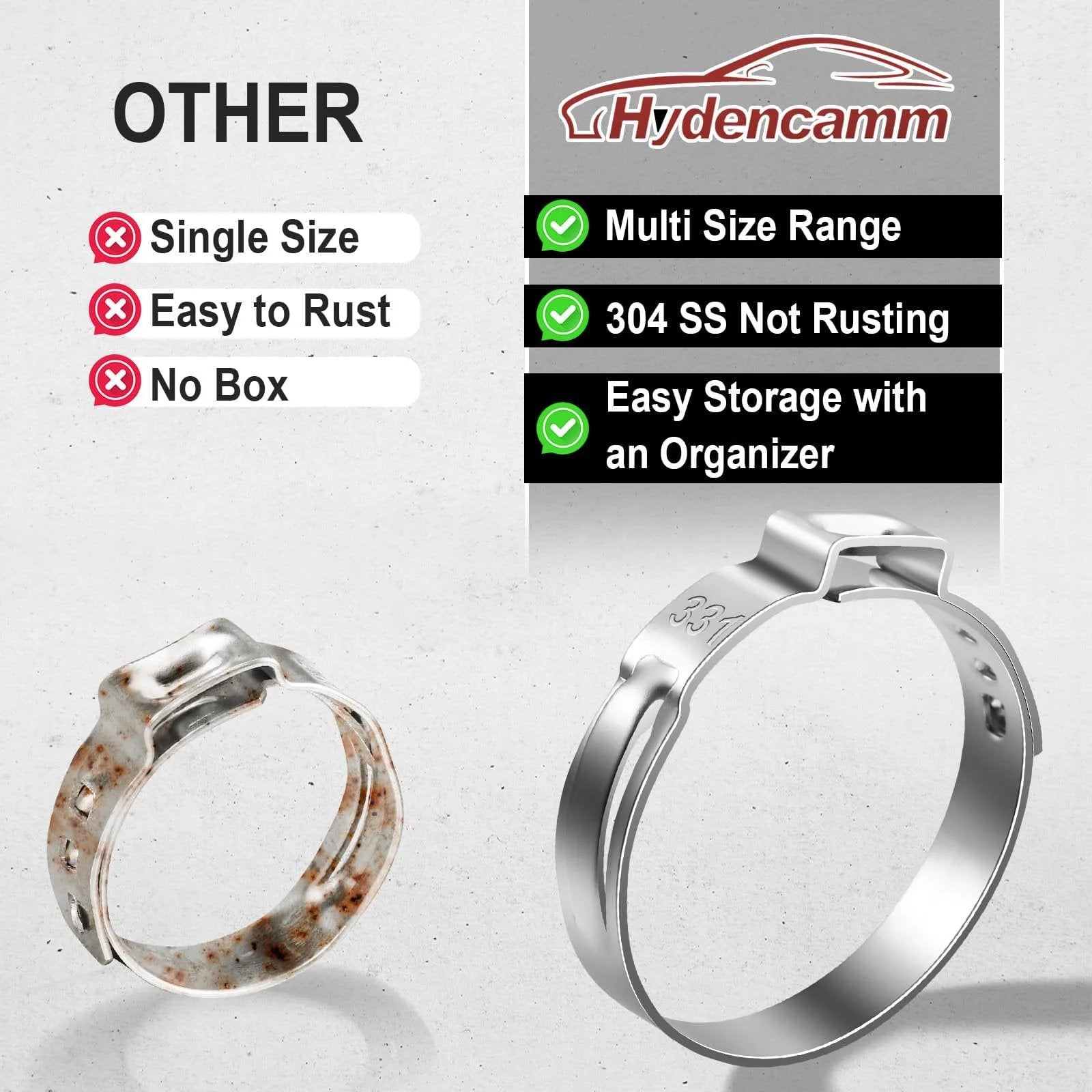 Comparison of rusted and stainless Pro Grade 370 Piece Hose Clamp Set With 15 Sizes From 5.3 To 33.1mm Single Ear No Sharp Edges Crimp Clamps In 304 Stainless Steel