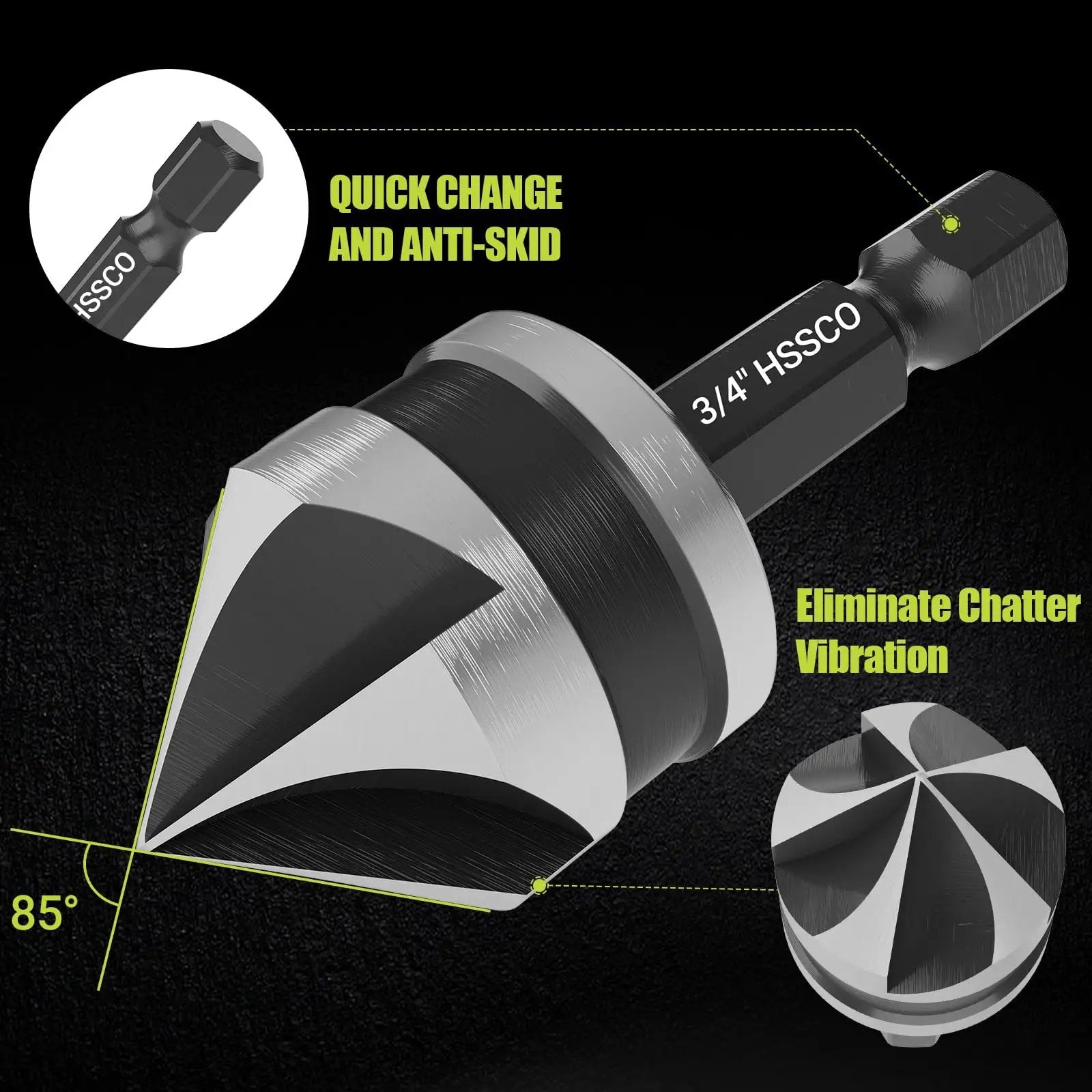 All In One Step Drill Bit Set With Countersinks For Metal Aluminum Wood Plastic showing close-up of quick change hex shank