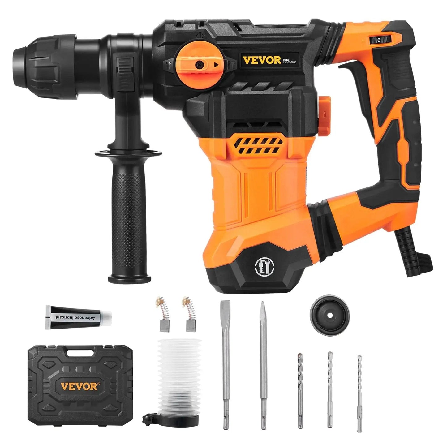 Powerful 1-1/4 inch SDS-Plus rotary hammer with 13A motor and 5.5J impact, case, and accessories, showcasing versatile use.
