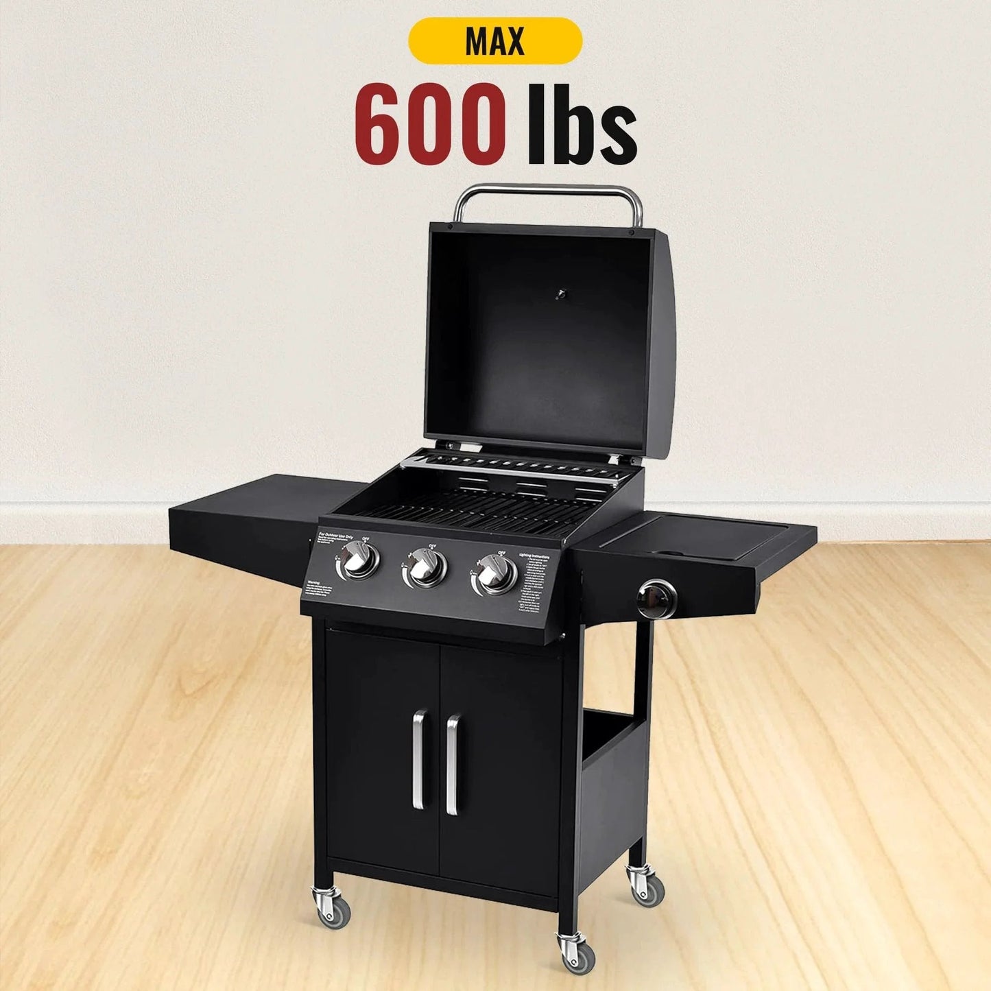 Black freestanding grill with open lid and side tables, featuring three burners and mounted on 3 Inch Swivel Caster Wheels With No Brake.
