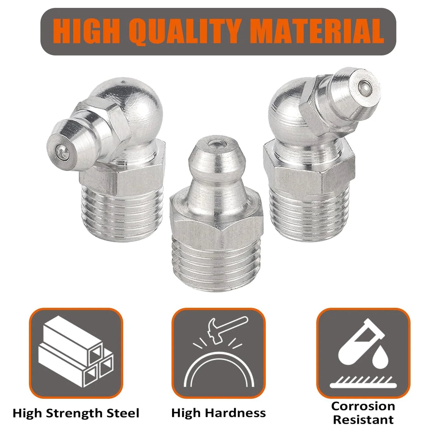 Grease Fitting Replacement Kit SAE And Metric With One Quarter Inch And One Eighth Inch Straight And 45 Degree And 90 Degree Zerks Hydraulic Fittings with steel and corrosion resistant features.