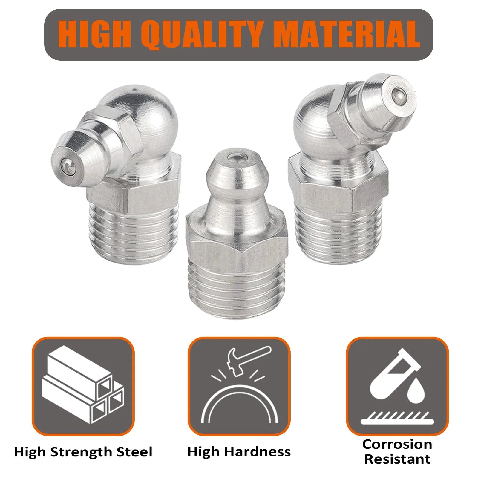 Grease Fitting Replacement Kit SAE And Metric With One Quarter Inch And One Eighth Inch Straight And 45 Degree And 90 Degree Zerks Hydraulic Fittings with steel and corrosion resistant features.